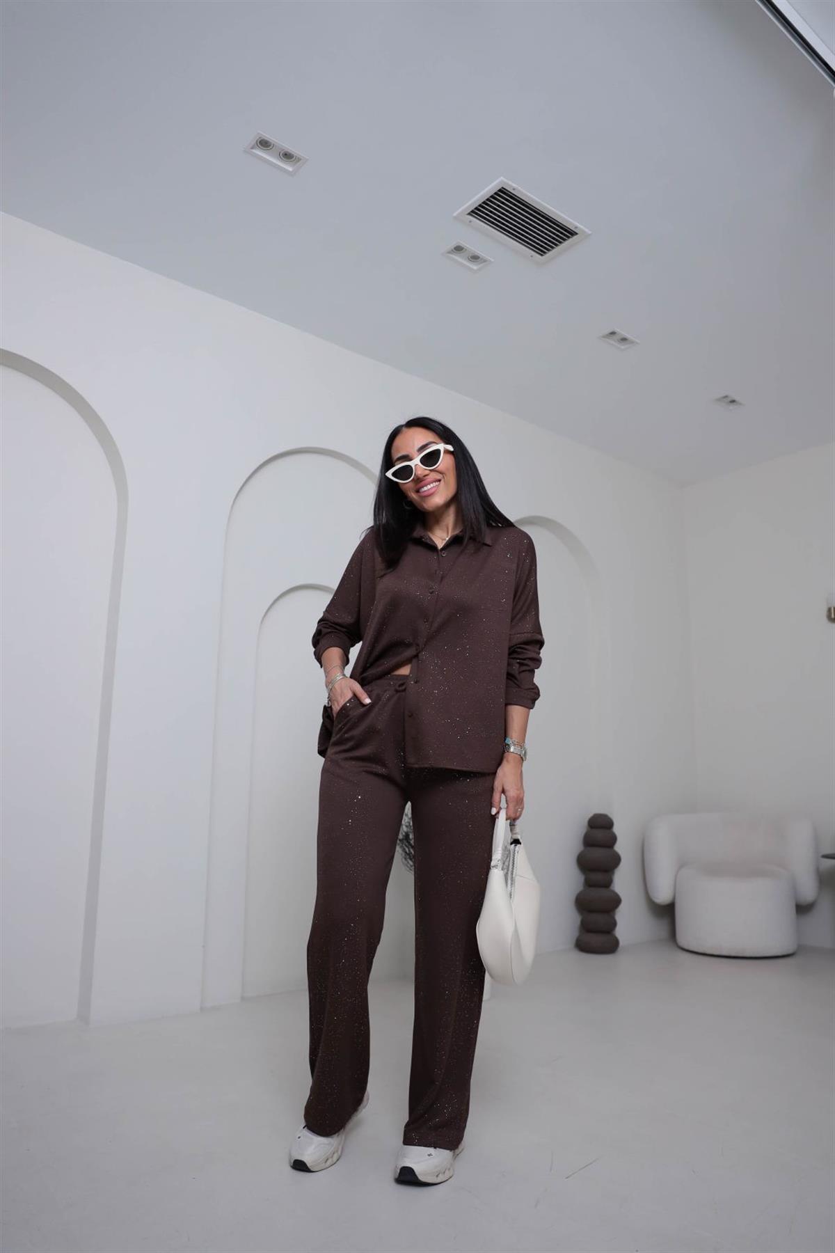 2524  Sim Geçişli Gömlek Pantolon Takım KAHVE