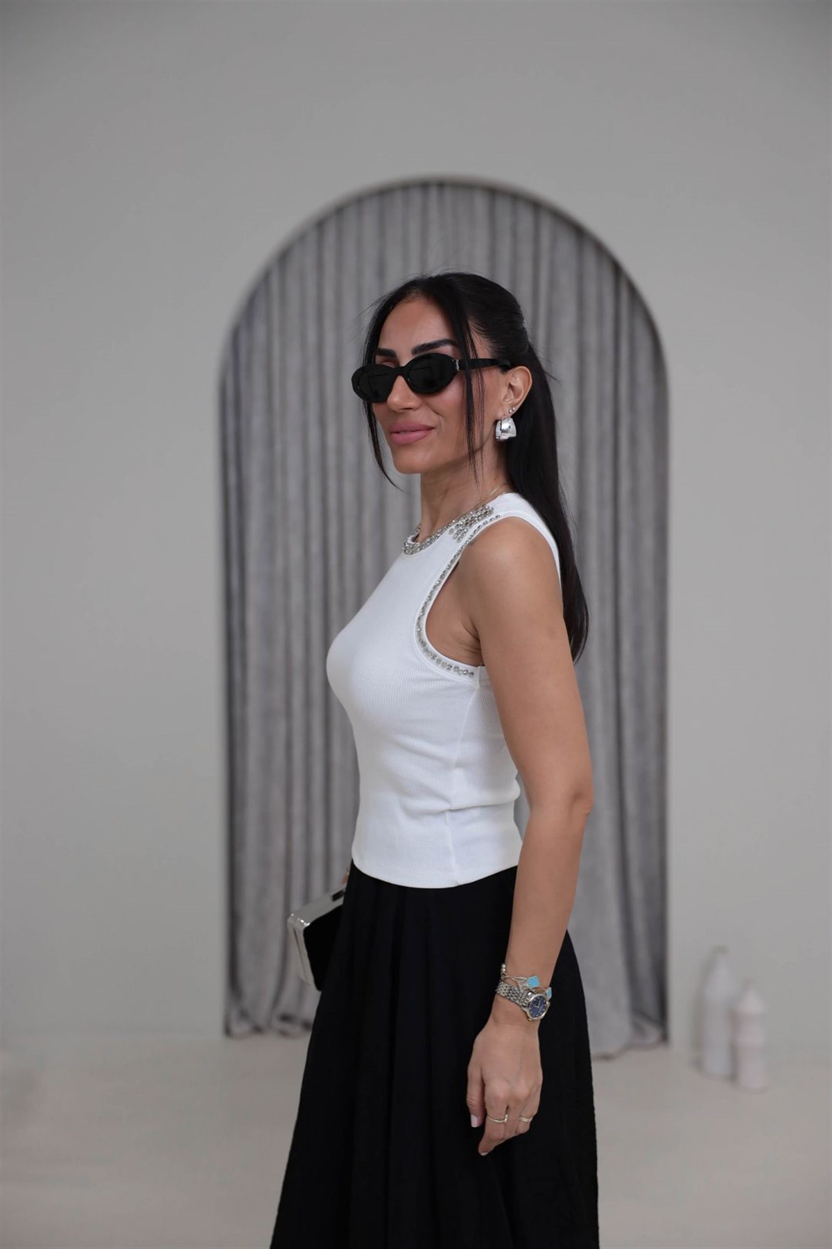 8162 Yaka ve Kol Taşlı Zımbalı Fitilli Atlet EKRU