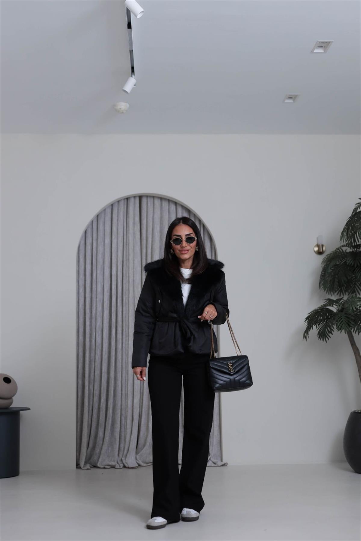 5885 Kürk Yakalı Kuşaklı Şişme Mont SİYAH