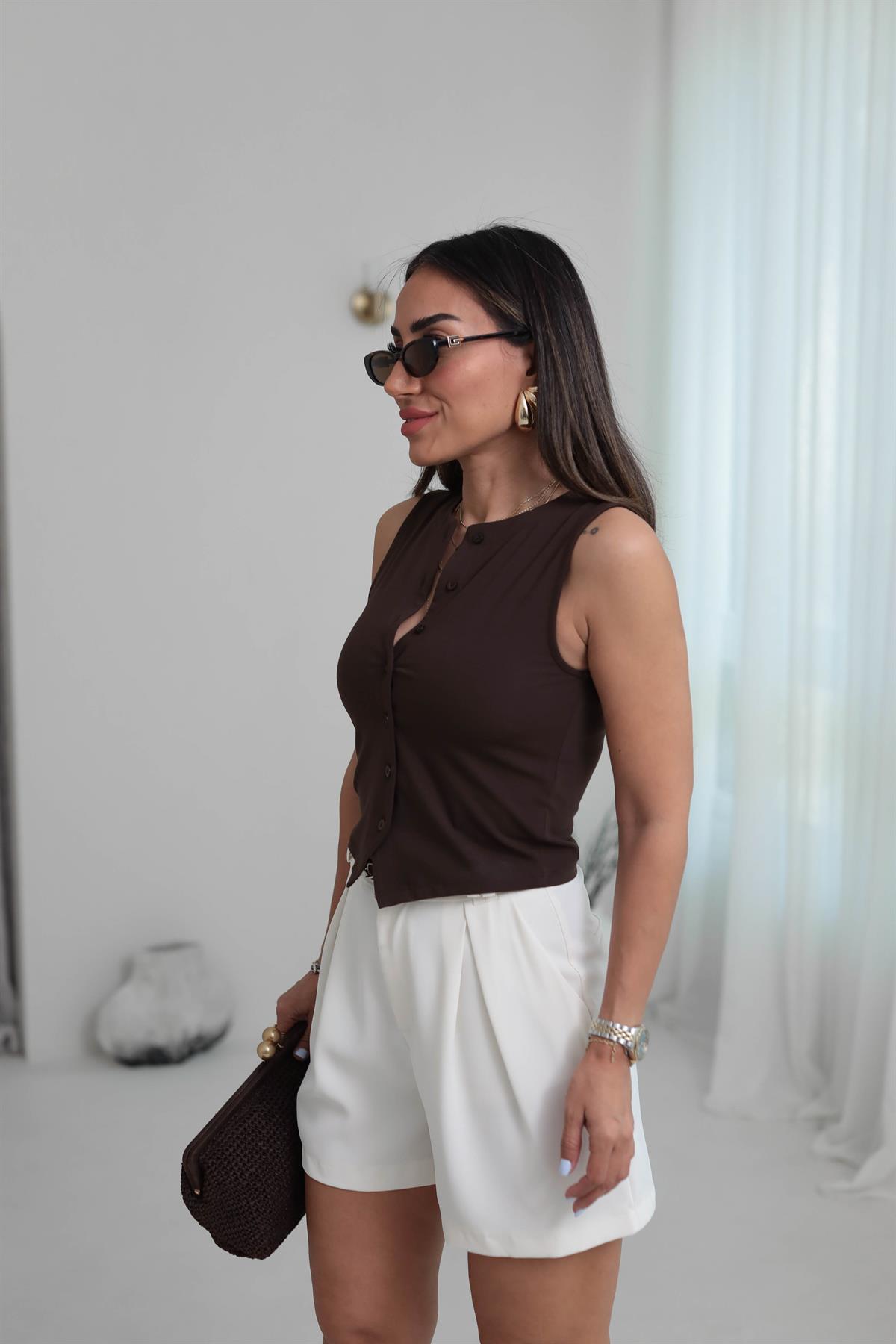 6729 Viskon Düğmeli Yelek ACI KAHVE