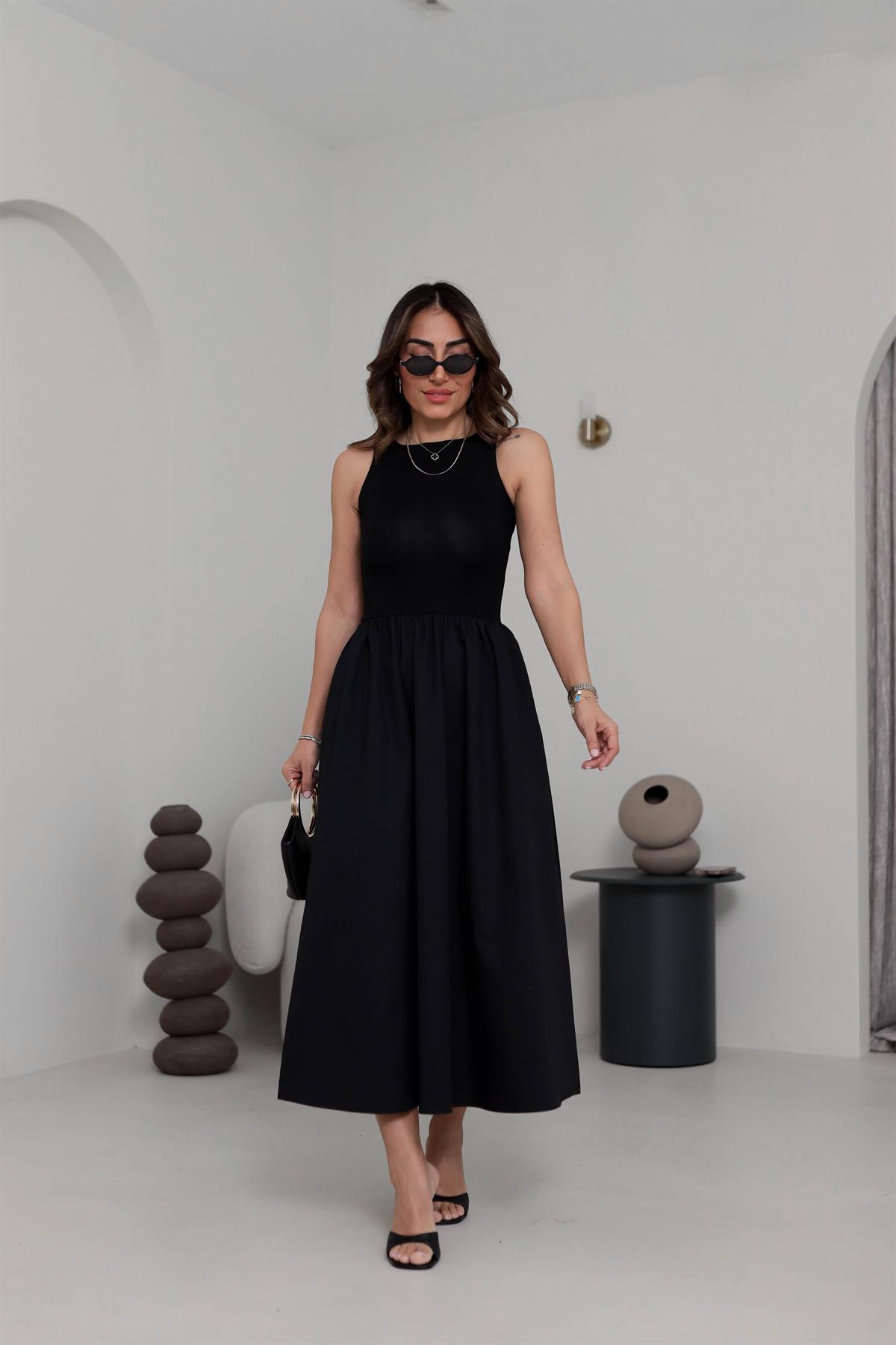 2068 Sıfır Kol Parçalı Poplin Elbise SİYAH