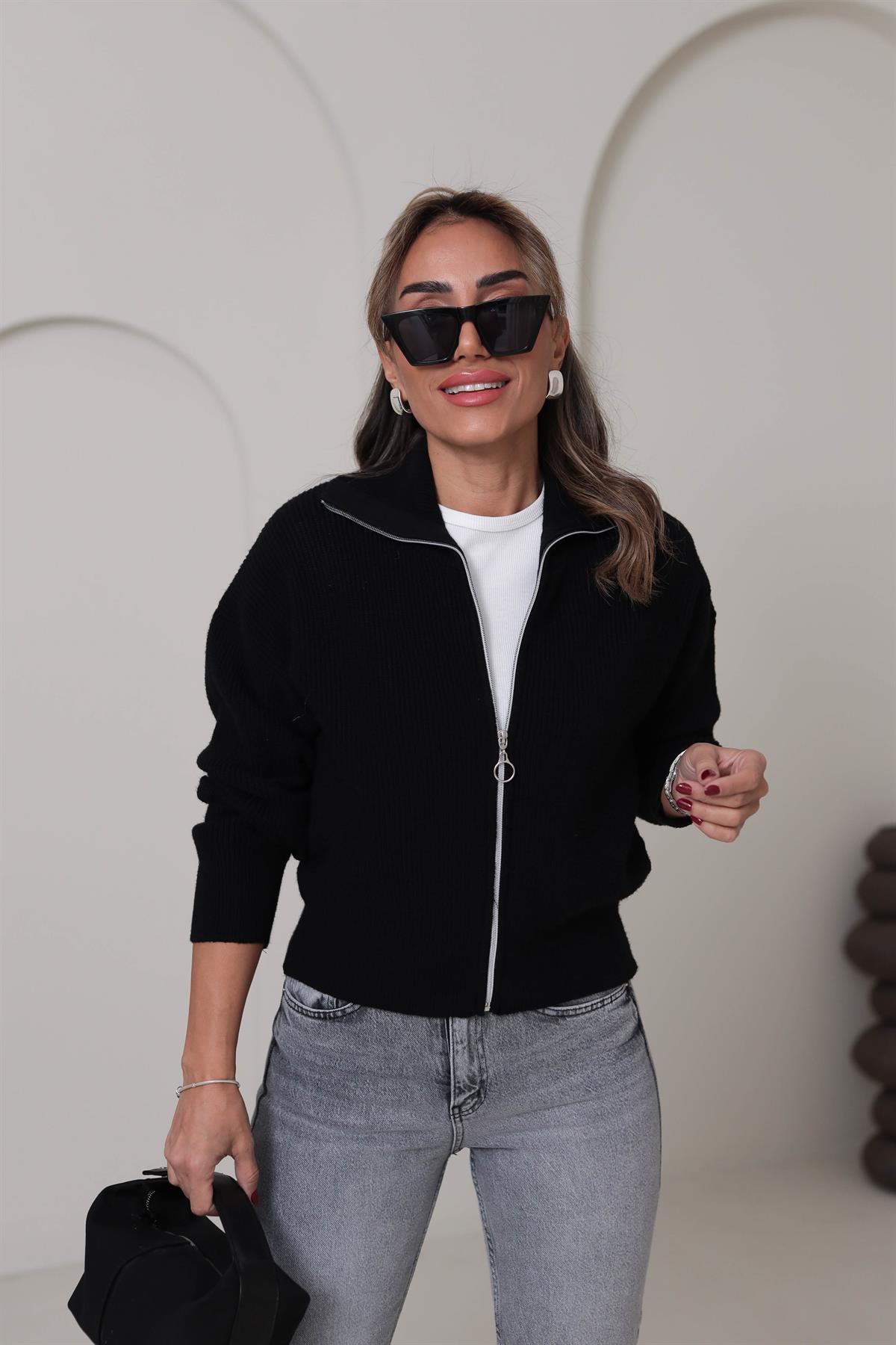 1054 Fermuarlı Yakalı Hırka SİYAH