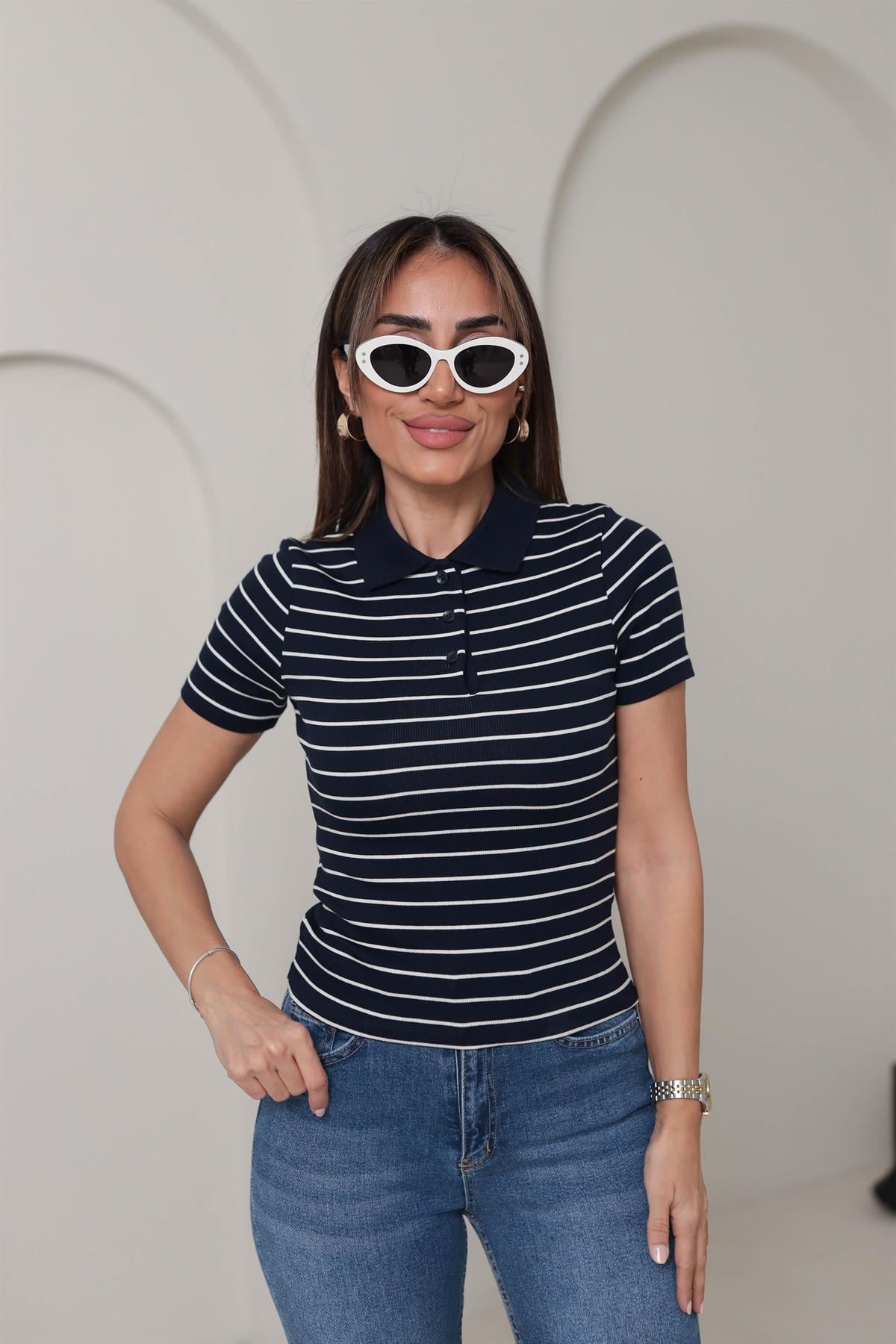 1464 Polo Yaka Çizgili Kısa Kol Triko LACİ-BEYAZ