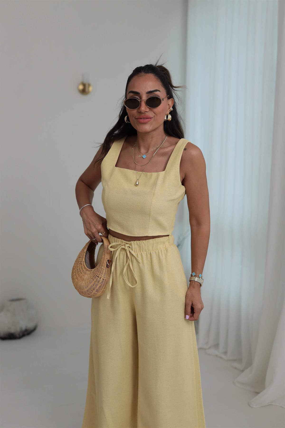 9381 Keten Kare Yaka Büstiyer Pantolon Takım SARI