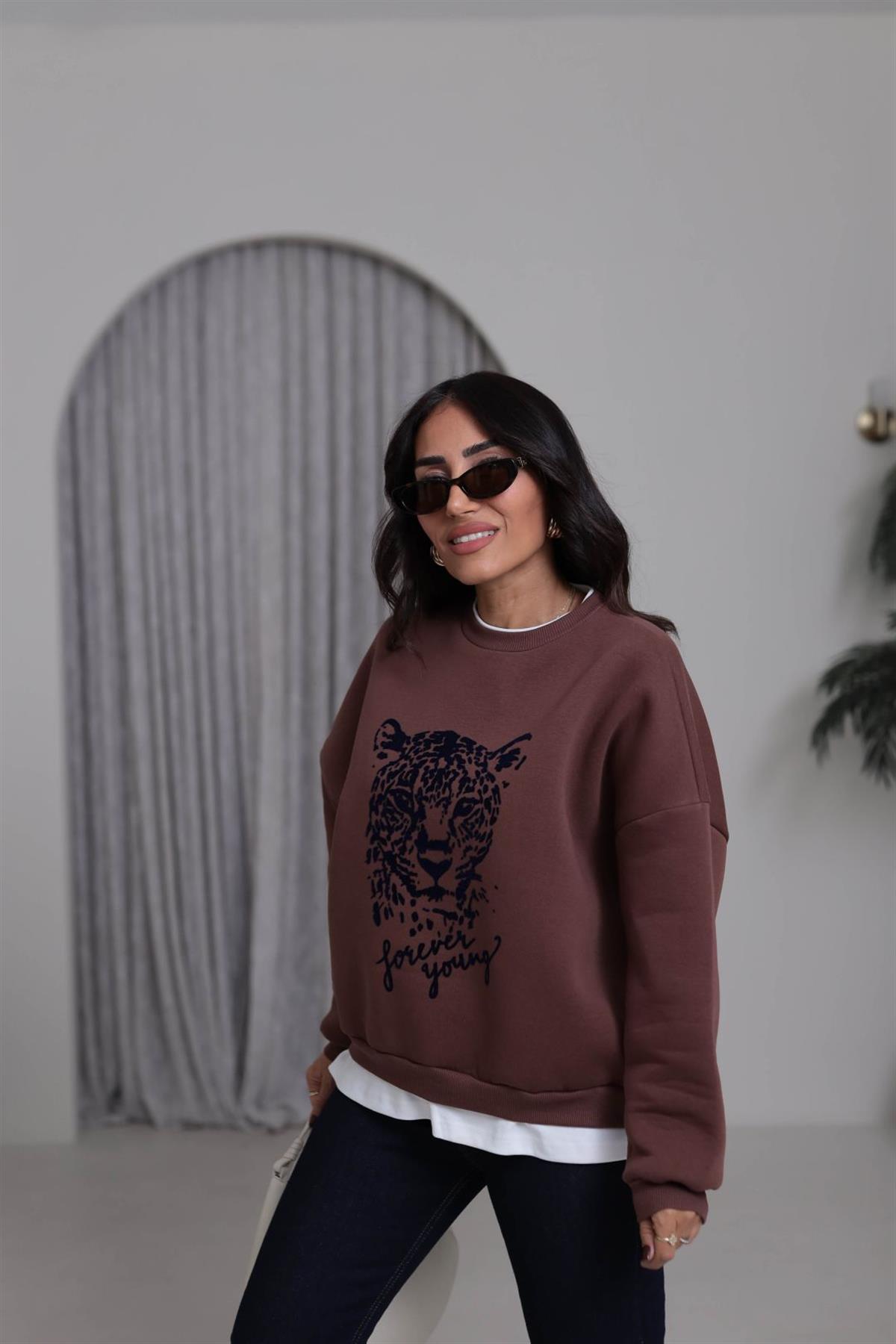 0612 Leopar Baskılı Şardonlu Garnili Sweatshirt KAHVE