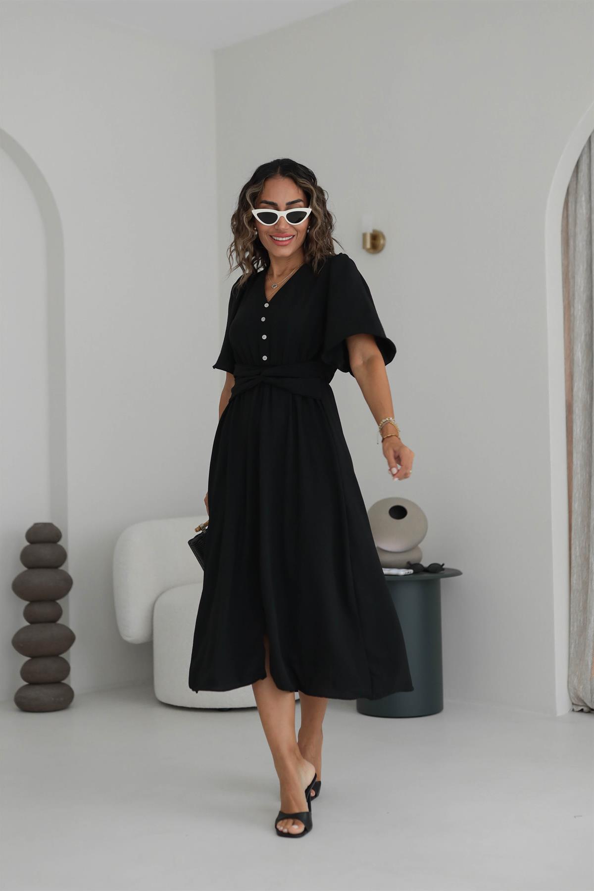 3484 Bel Kuşak Detaylı Yırtmaçlı Kısa Kol Elbise