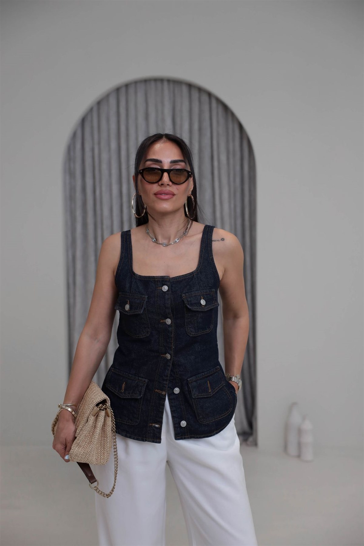0996 Kare Yakalı Denim Yelek LACİVERT