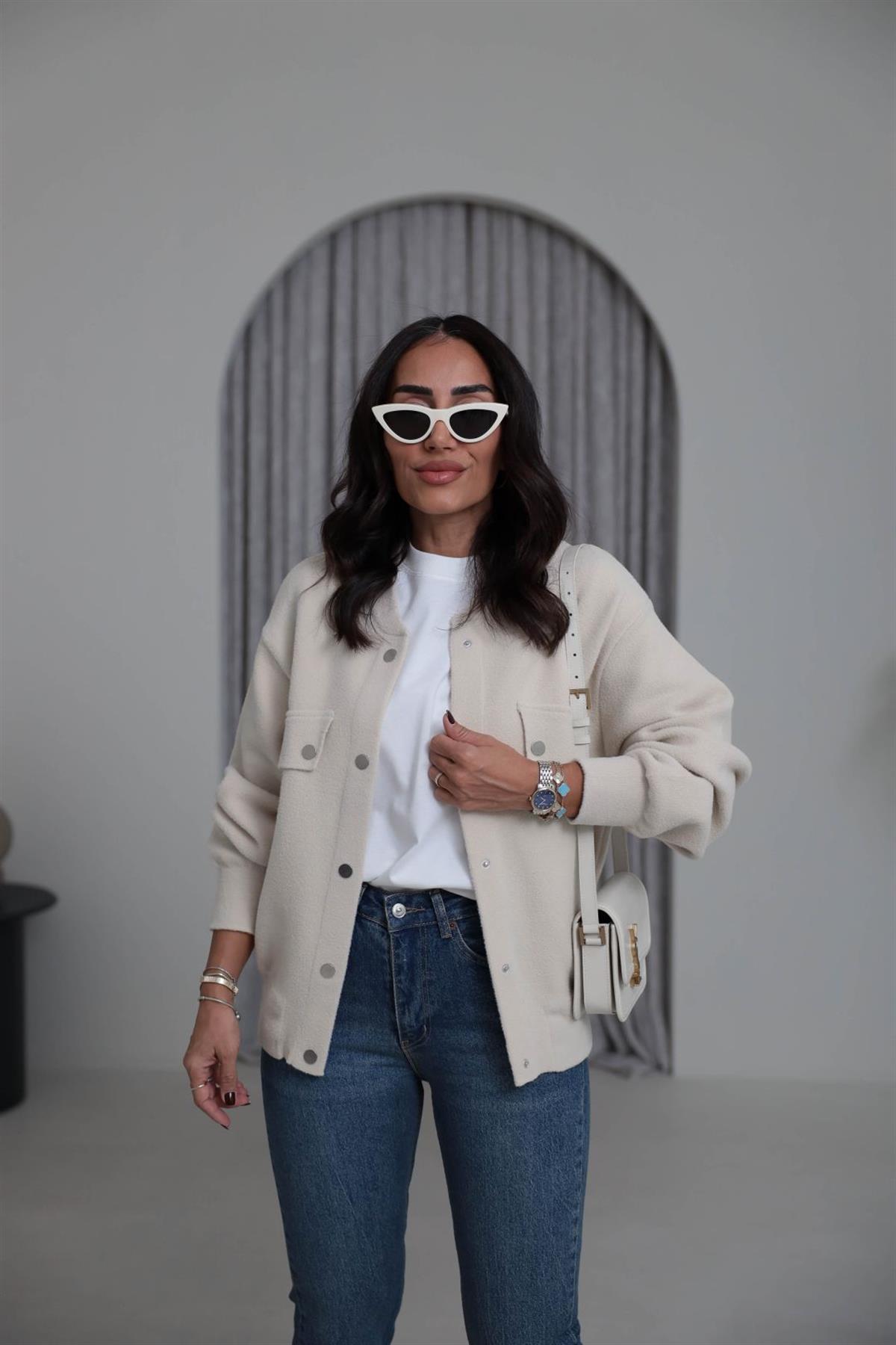 4589 Çıtçıtlı Cep Detaylı Angora Ceket EKRU