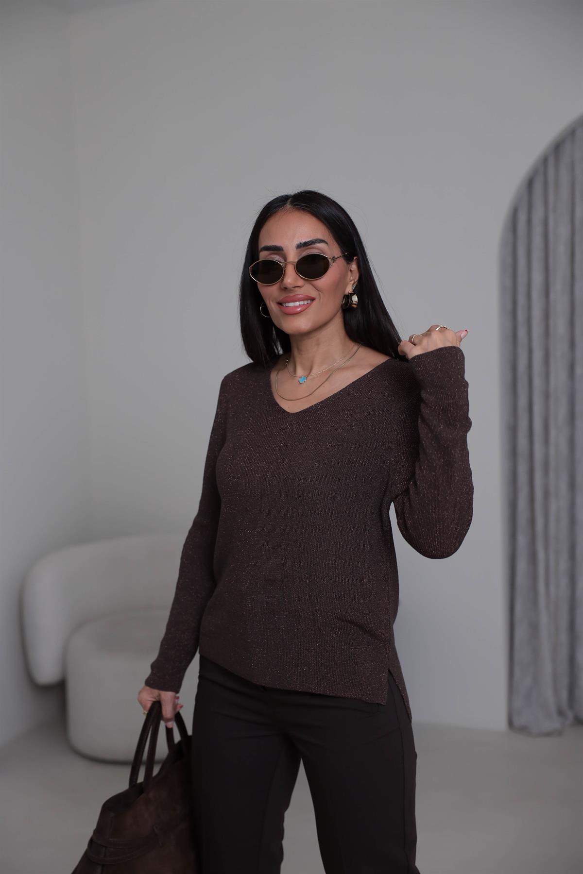 152 V Yaka Simli Viskon Triko Bluz KAHVE