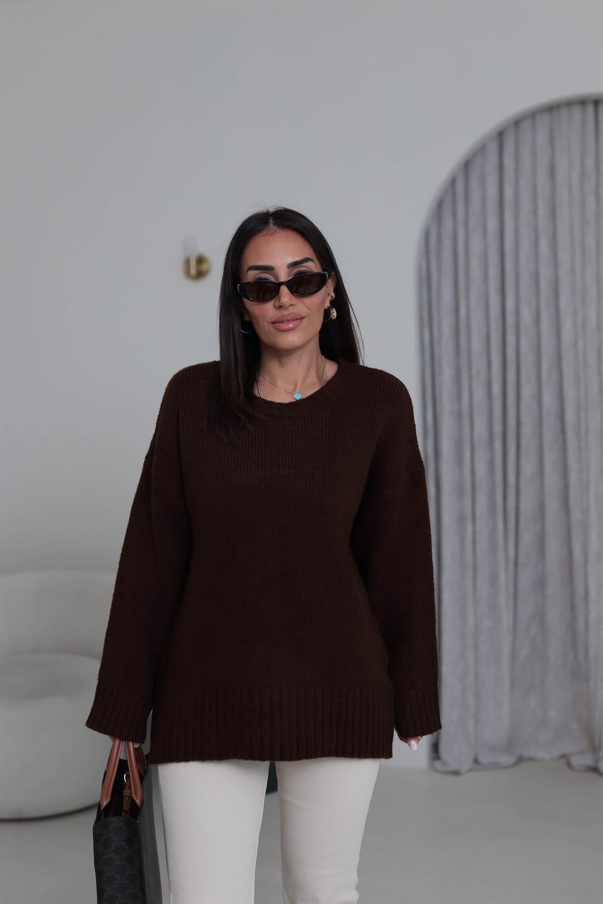 0100 Bisiklet Yaka Oversize Düz Kazak KAHVE