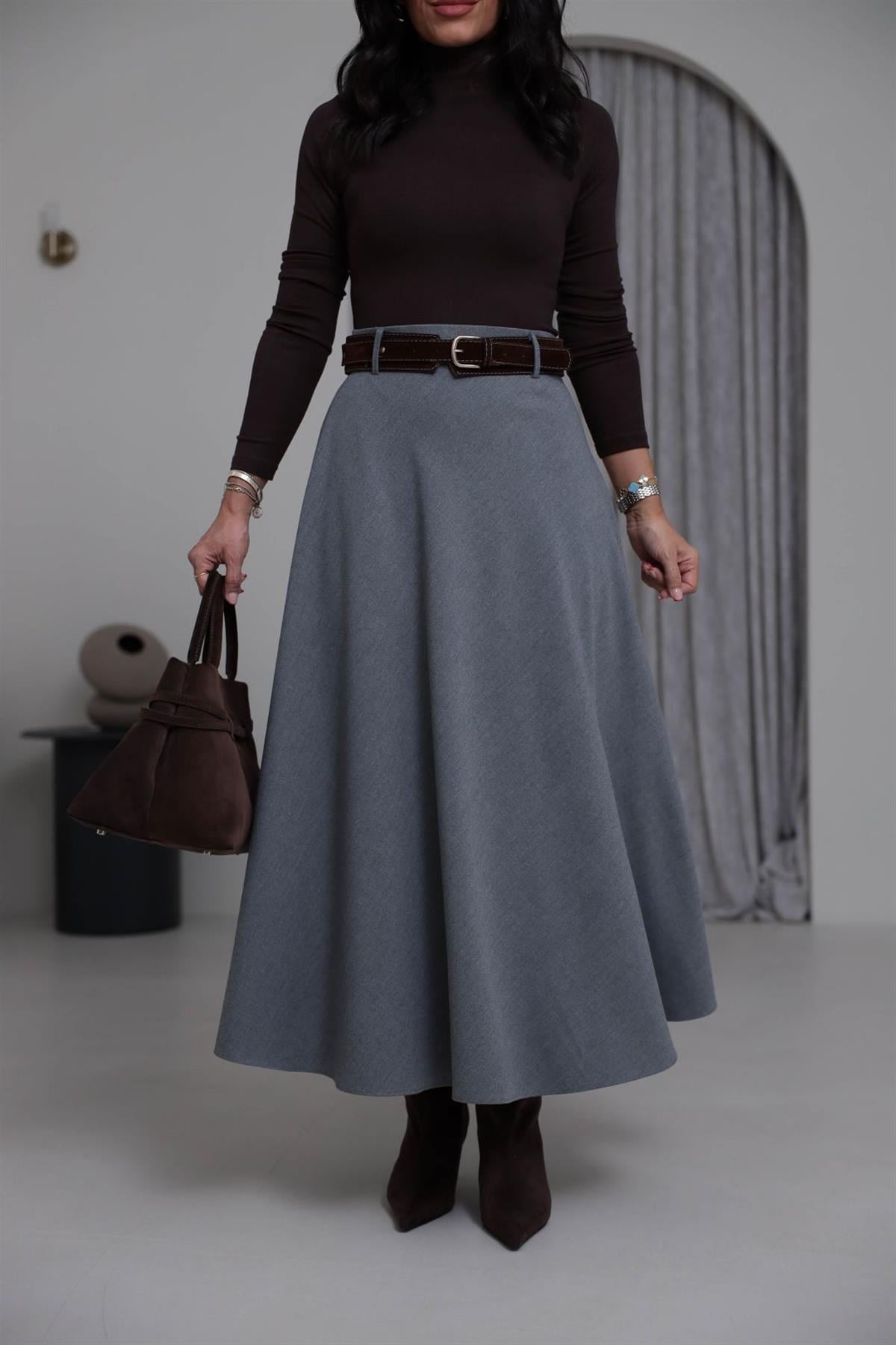 0647 Süet Kemerli Kloş Etek GRİ