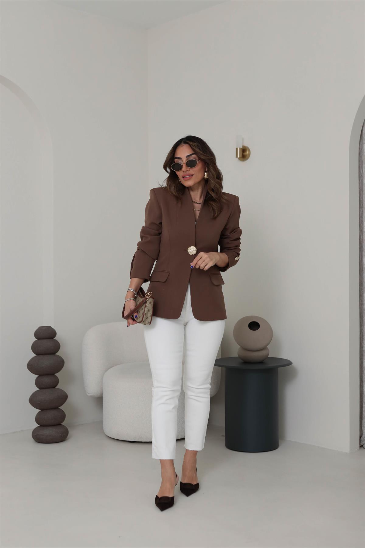 1171 Hakim Yaka Gold Düğme Detaylı Blazer Ceket KAHVE