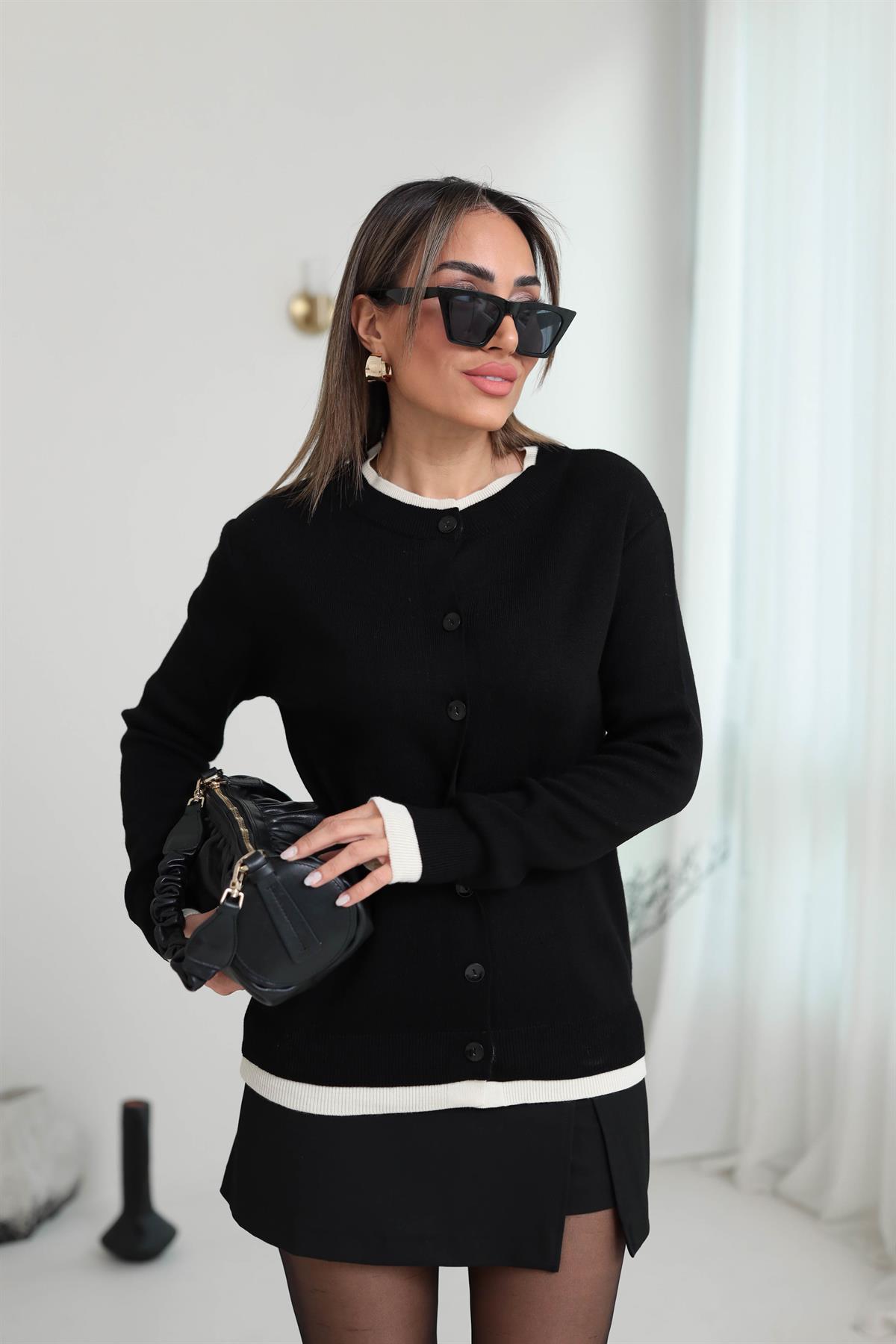 5207 Çift Yaka Düğmeli Hırka SİYAH