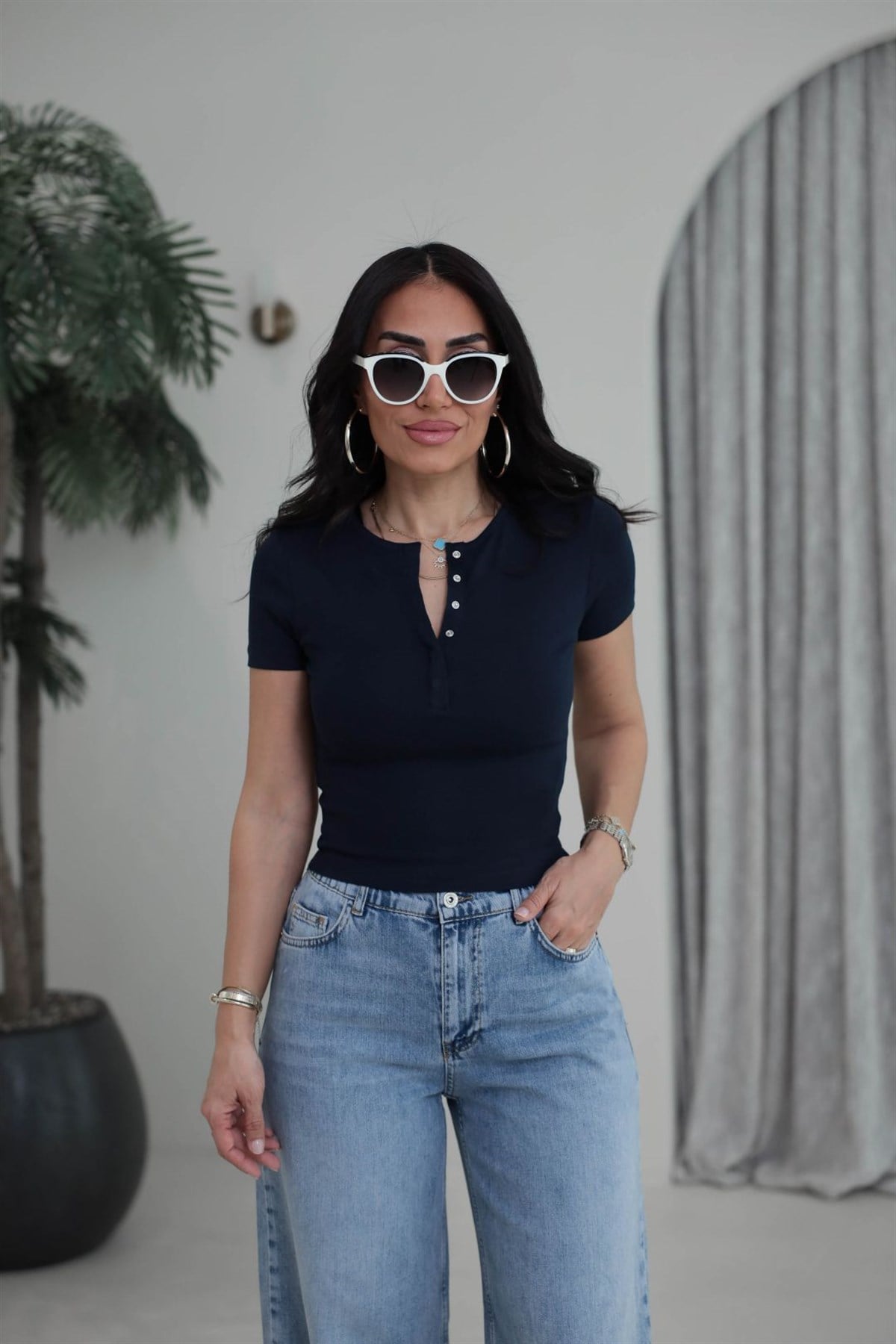 1704 Çıtçıt Düğmeli Kısa Kol Modal Tshirt LACİVERT