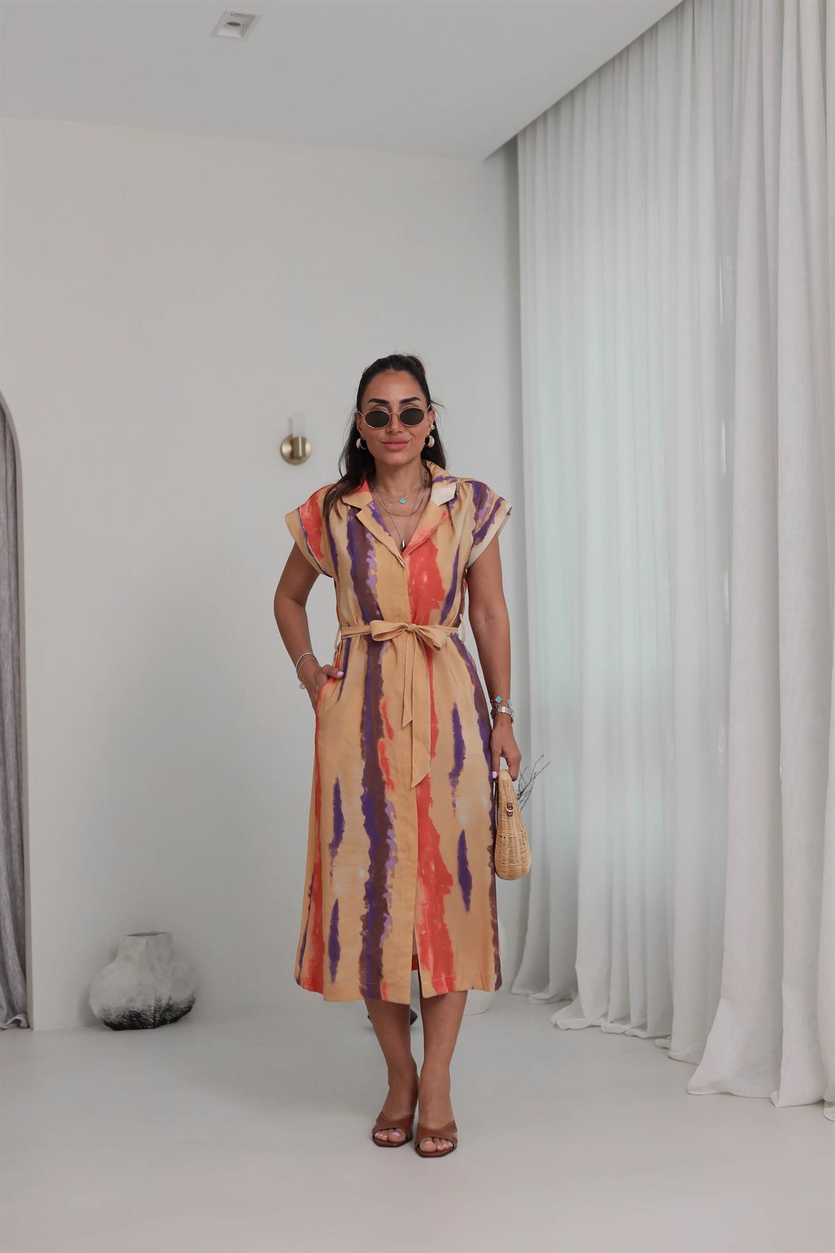 6284 Desenli Viskon Gömlek Elbise RENKLİ