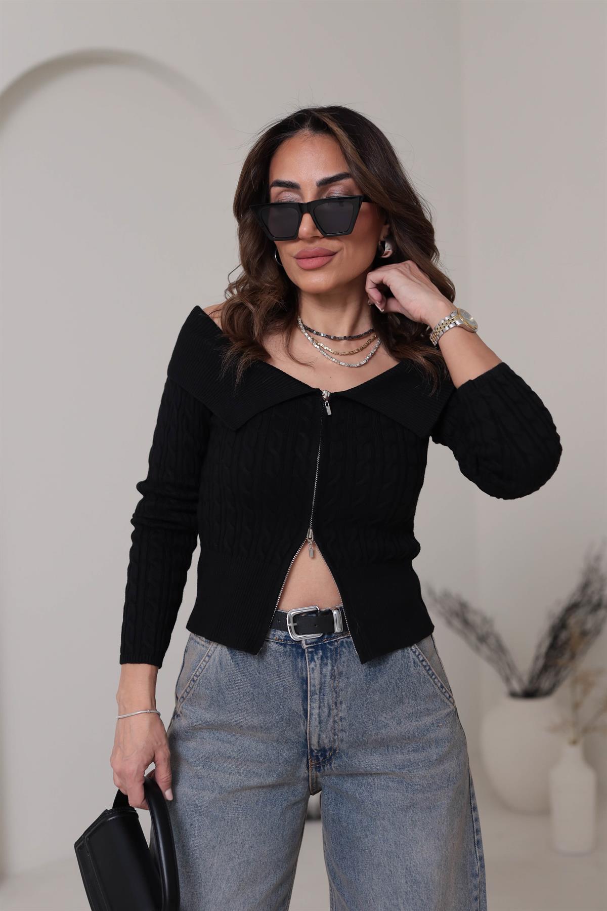 581 Örgü Detay Fermuarlı Yaka Detay Triko Hırka SİYAH