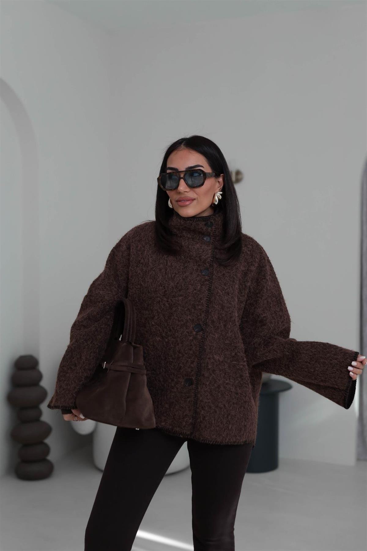 0563 Dikiş Detaylı Dik Yaka Kaşe Ceket ACI KAHVE