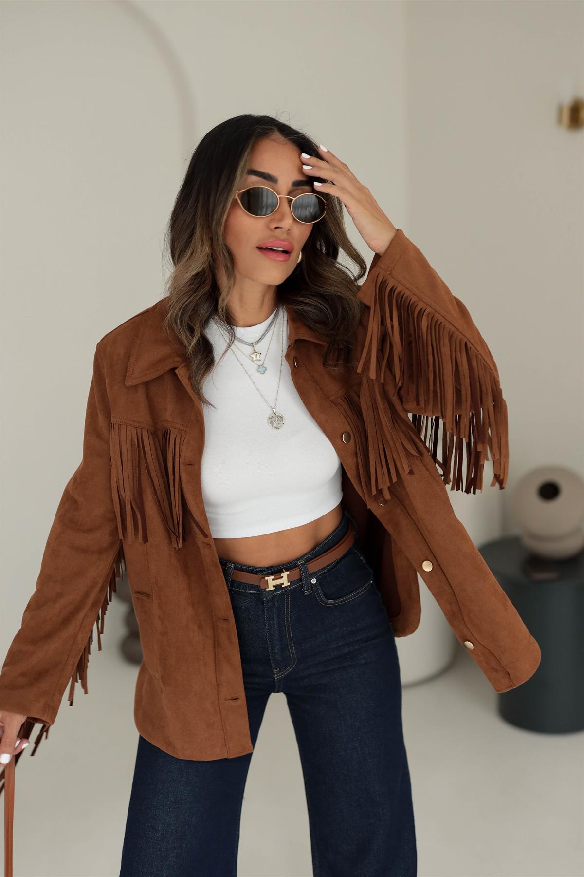 5156 Püsküllü Vatkalı Süet Ceket