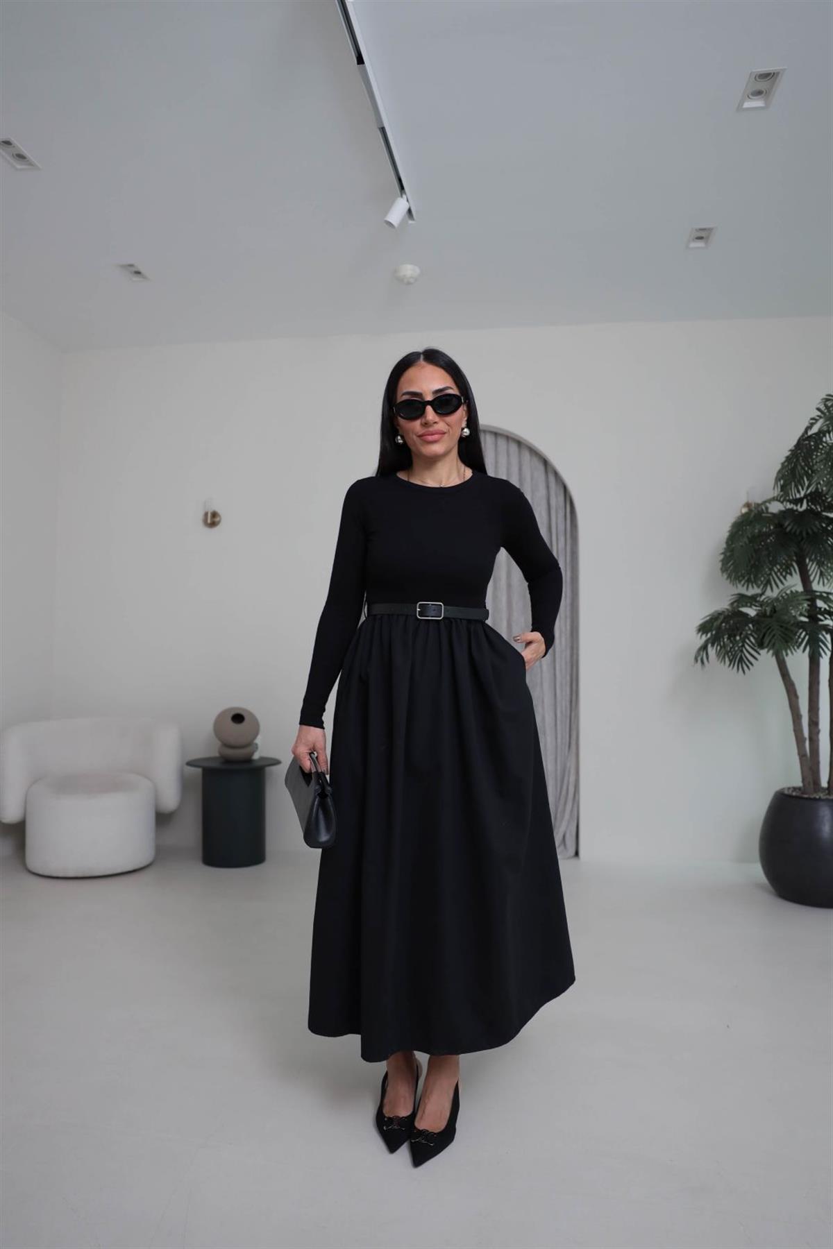 2018 Kemerli Kaşkorse Uzun Kol Elbise SİYAH