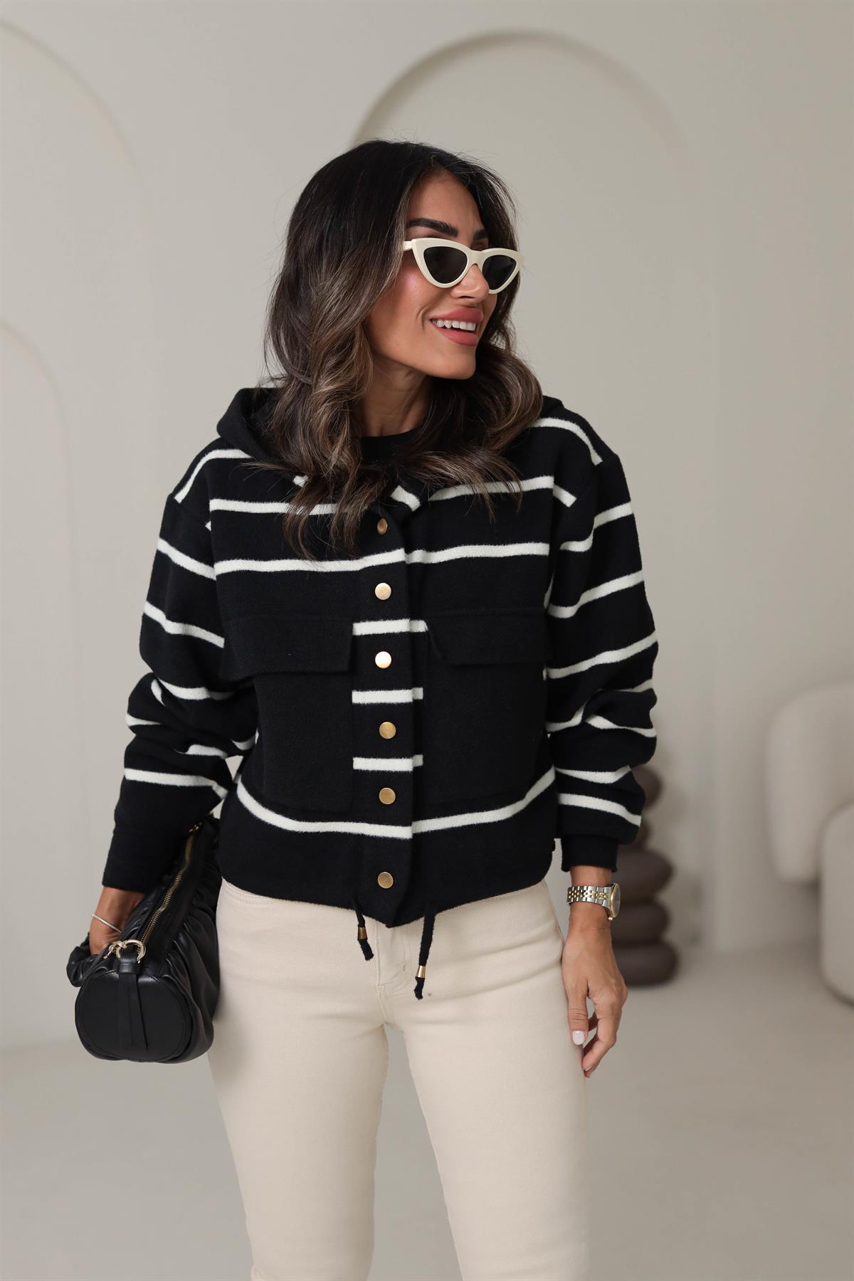 4600 Çıtçıtlı Cep Detay Çizgili Detay Ceket
