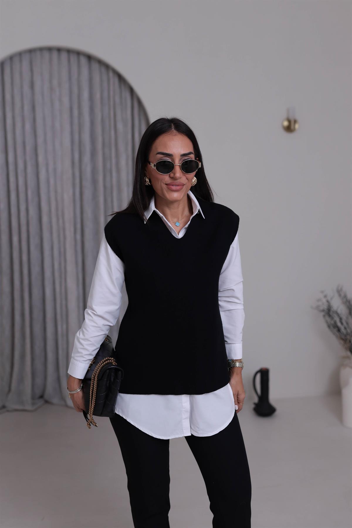 0694 V Yaka Yumuşak Dokulu Triko Süveter SİYAH