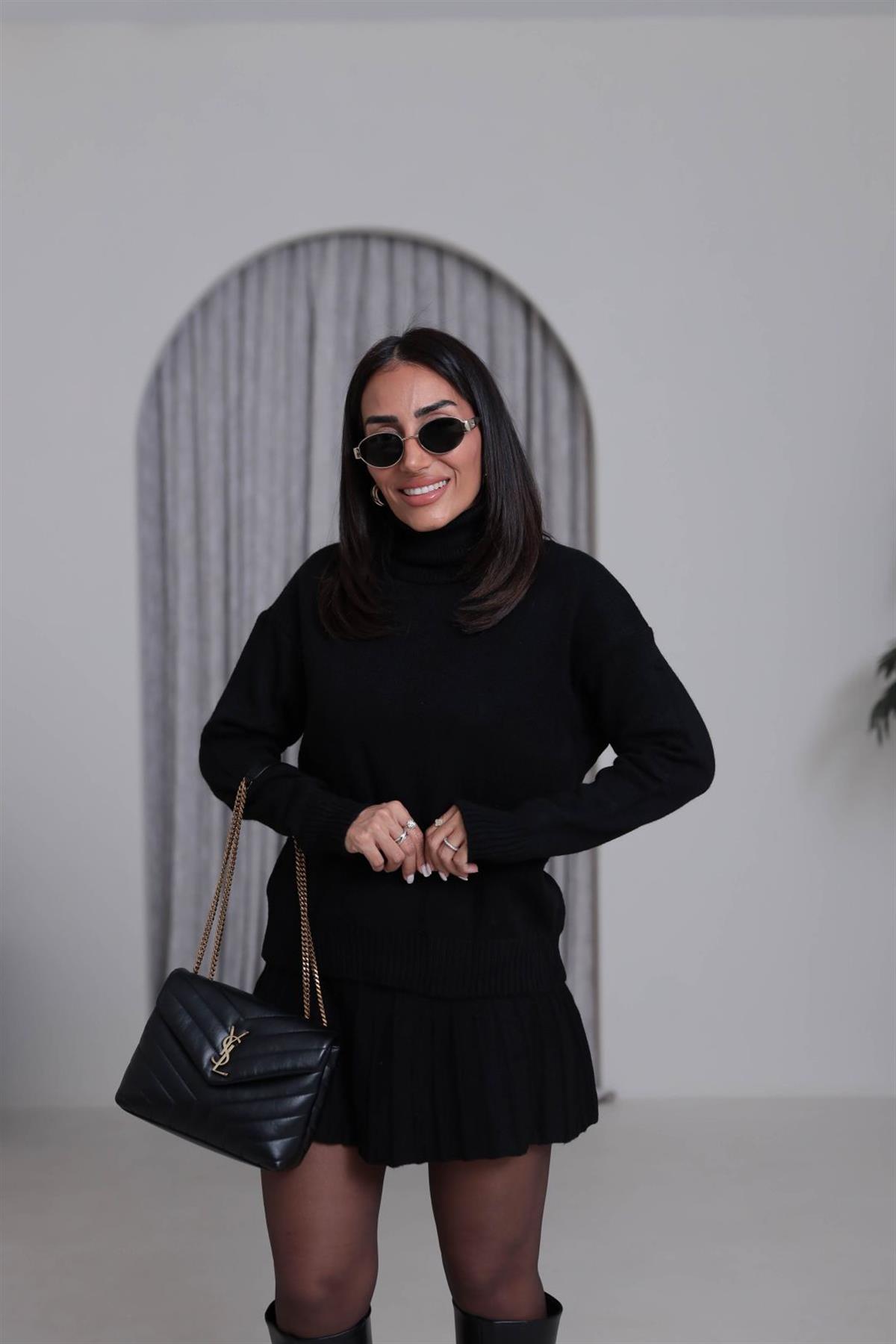 5139K Balıkçı Yaka Etekli Triko Takım SİYAH