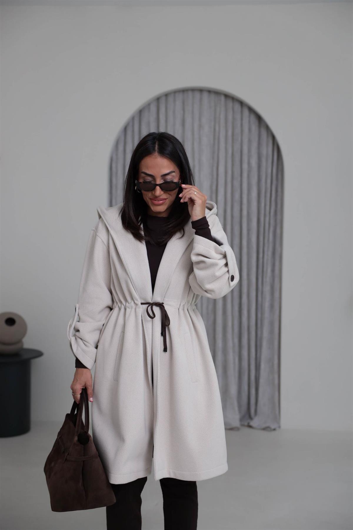 9852 Kapşonlu Balıksırtı Desen Kaban TAŞ