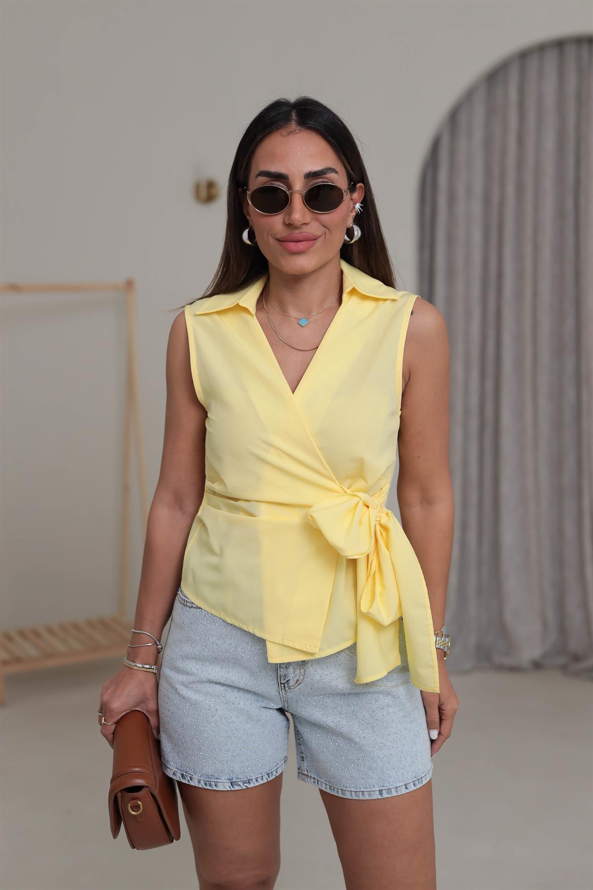 0557 Sıfır Kol Kruvaze Bağlamalı Gömlek Bluz SARI