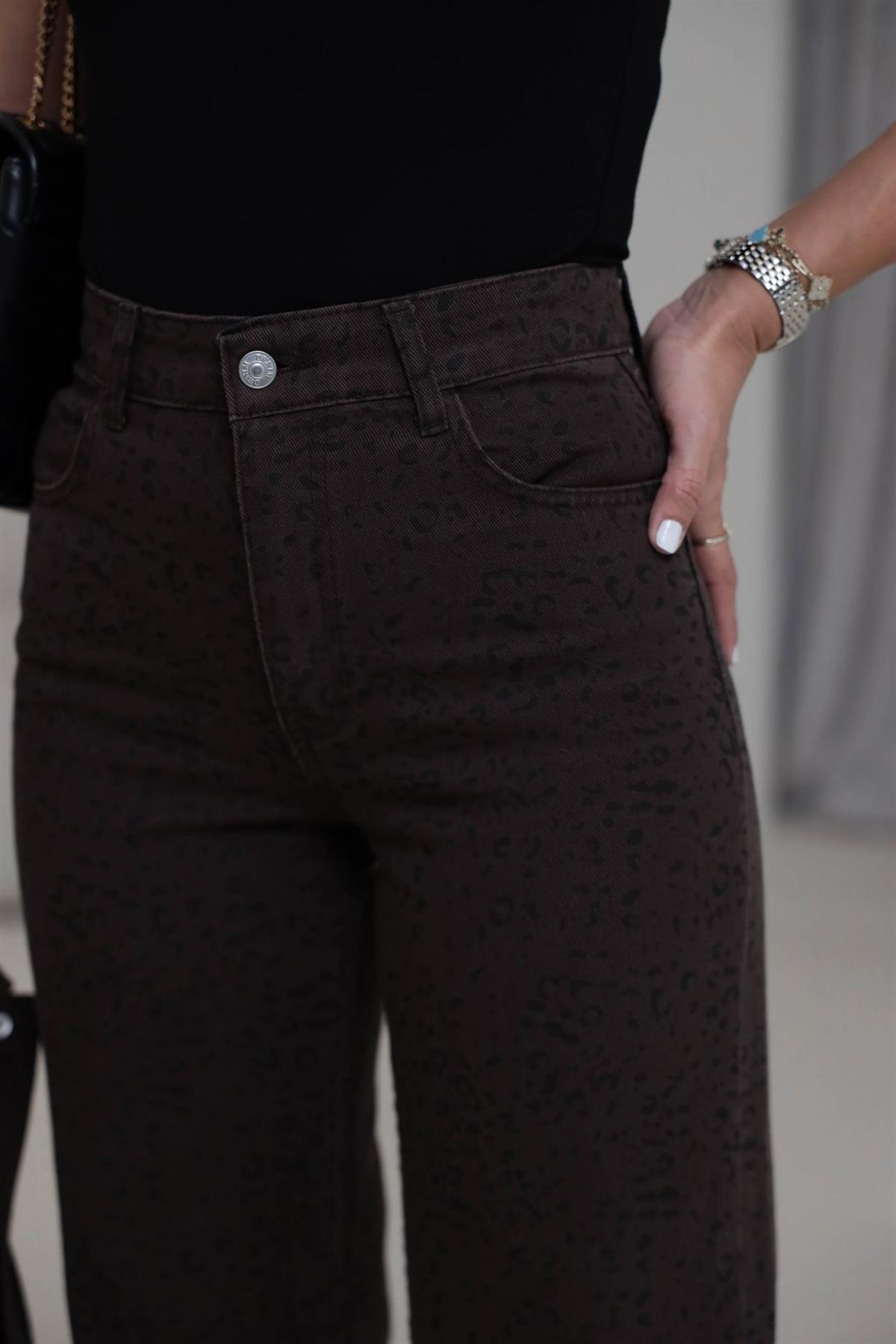 0248 Leopar Desen Düz Paça Jean Pantolon KAHVE