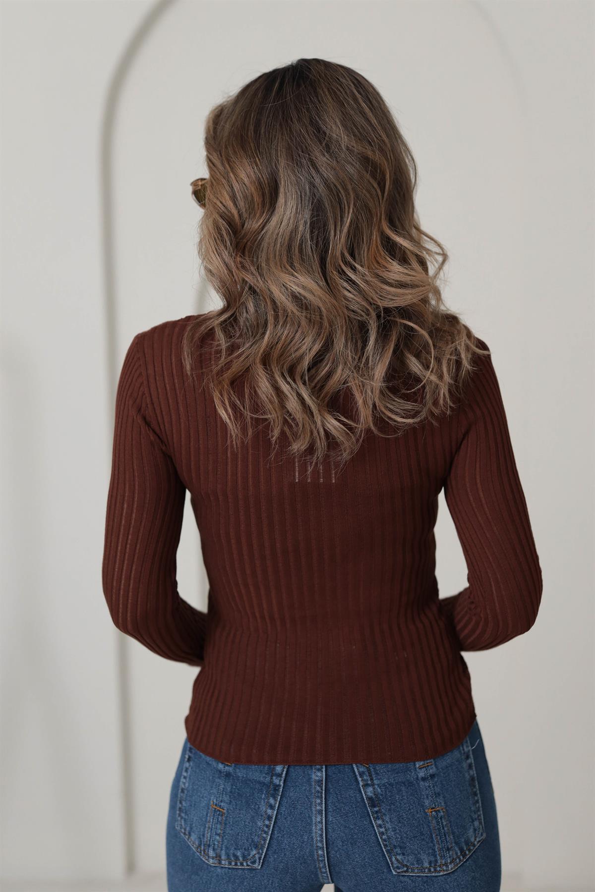 4107 Transparan Detaylı Triko Bluz KAHVE