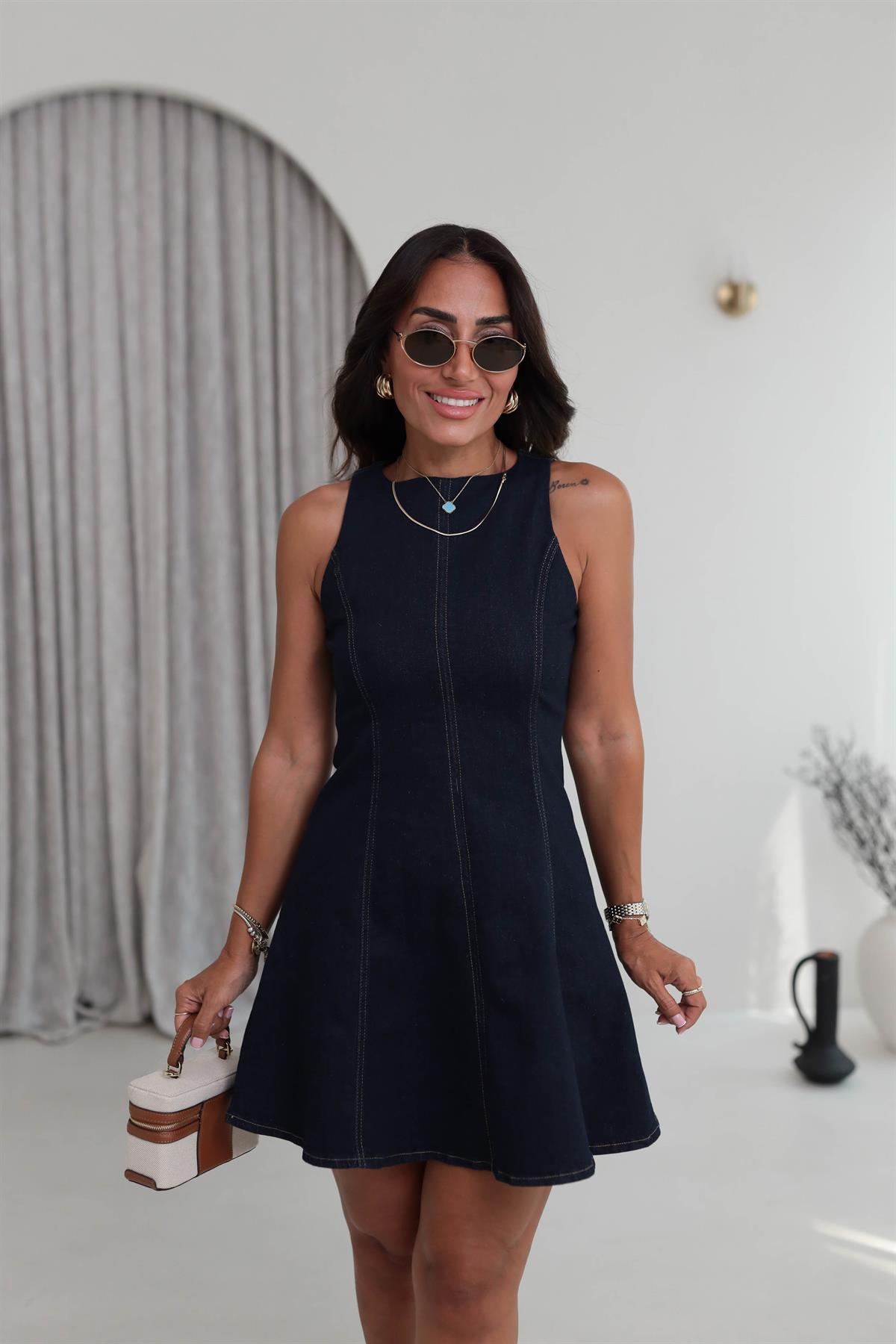 7330 Sıfır Kol A Kesim Denim Elbise KOYU LACİ