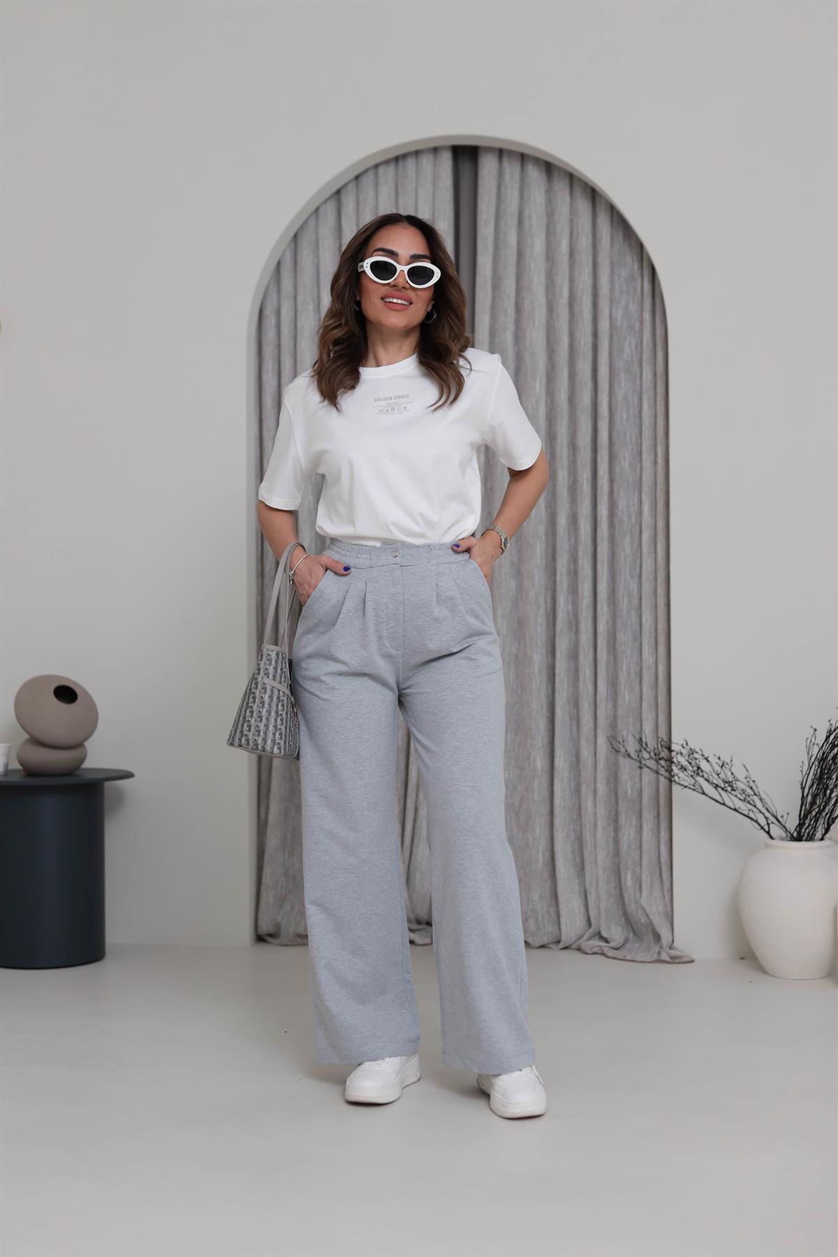 1010 Bisiklet Yaka Yazı Detaylı Tshirt EKRU