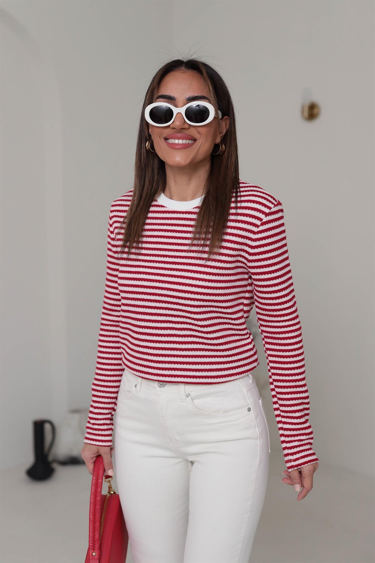 3090 Çizgili Bisiklet Yaka Triko Bluz KIRMIZI