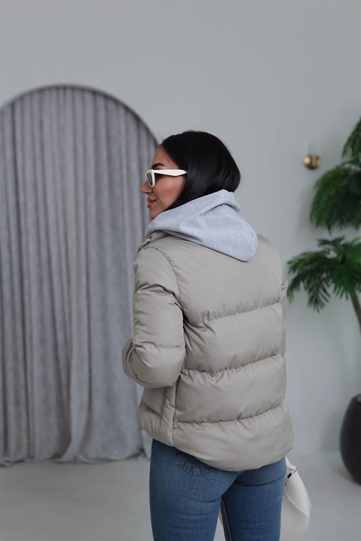 2148 Kapşonlu Şişme Mont BEJ