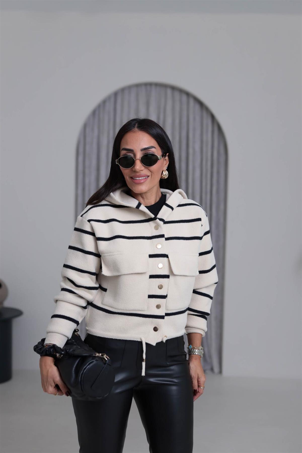 4600 Gold Düğme Detaylı Çizgili Angora Ceket EKRU