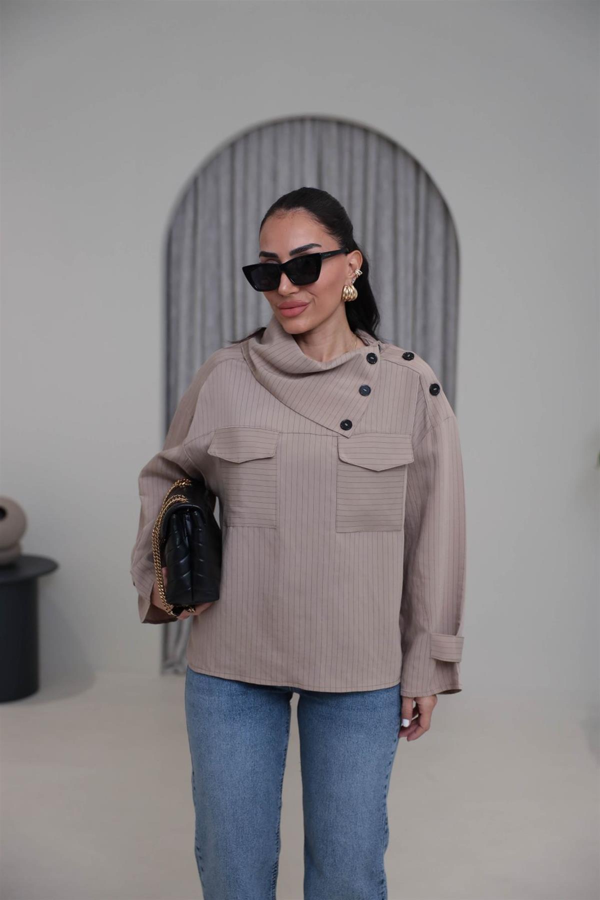 4067 Düğmeli Yaka Detay Çizgili Modal Gömlek AÇIK VİZON