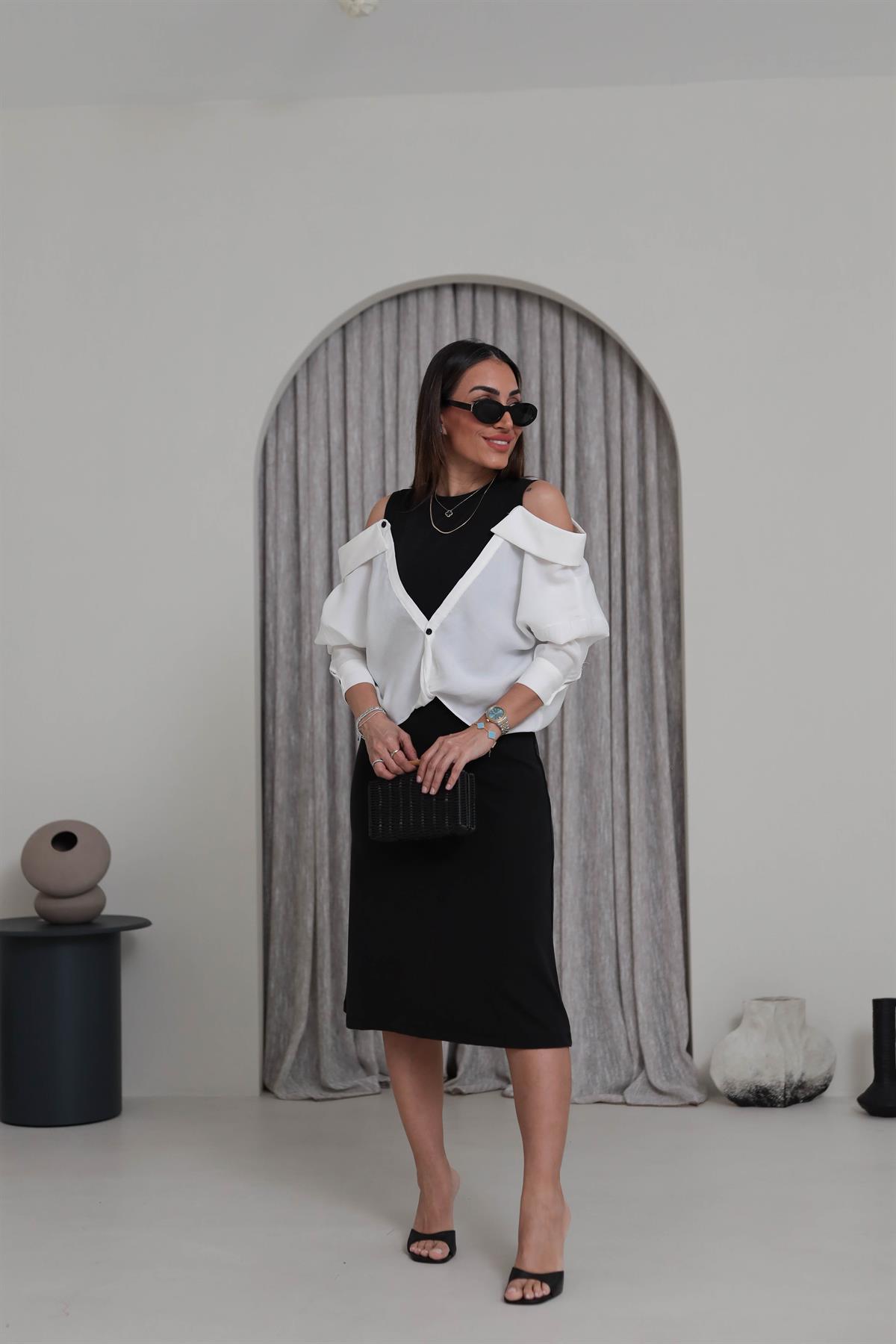 3046 Gömlek Detaylı Premium Elbise SİYAH