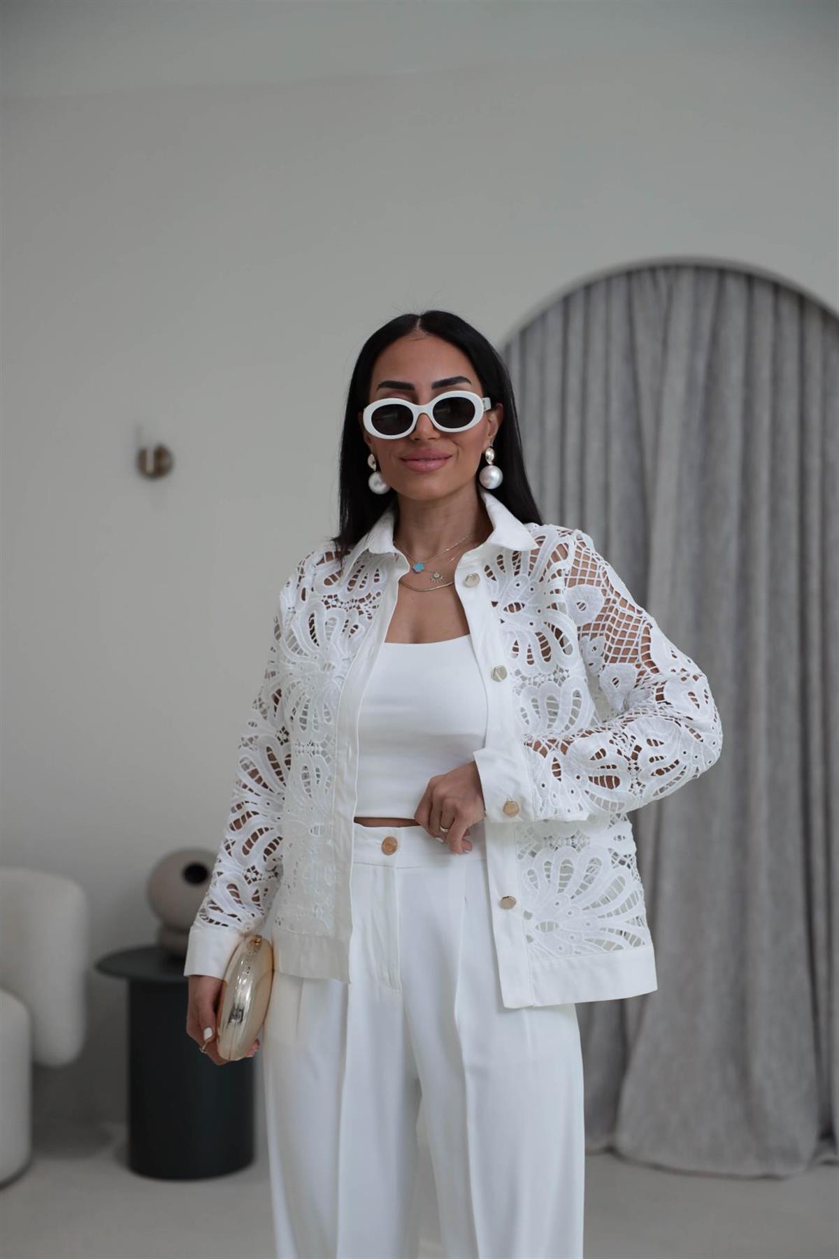 7201 Gold Düğmeli Poplin Garnili Dantelli Ceket EKRU