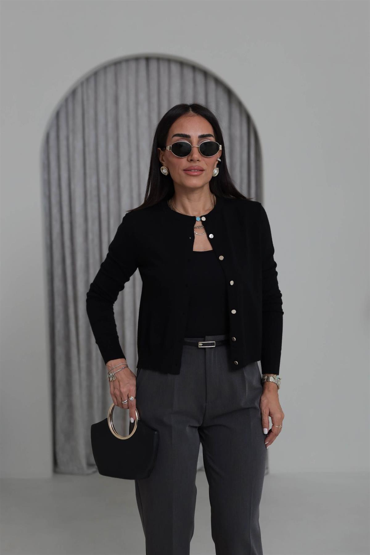 587 Gold Düğme Detaylı İnce Triko Hırka SİYAH