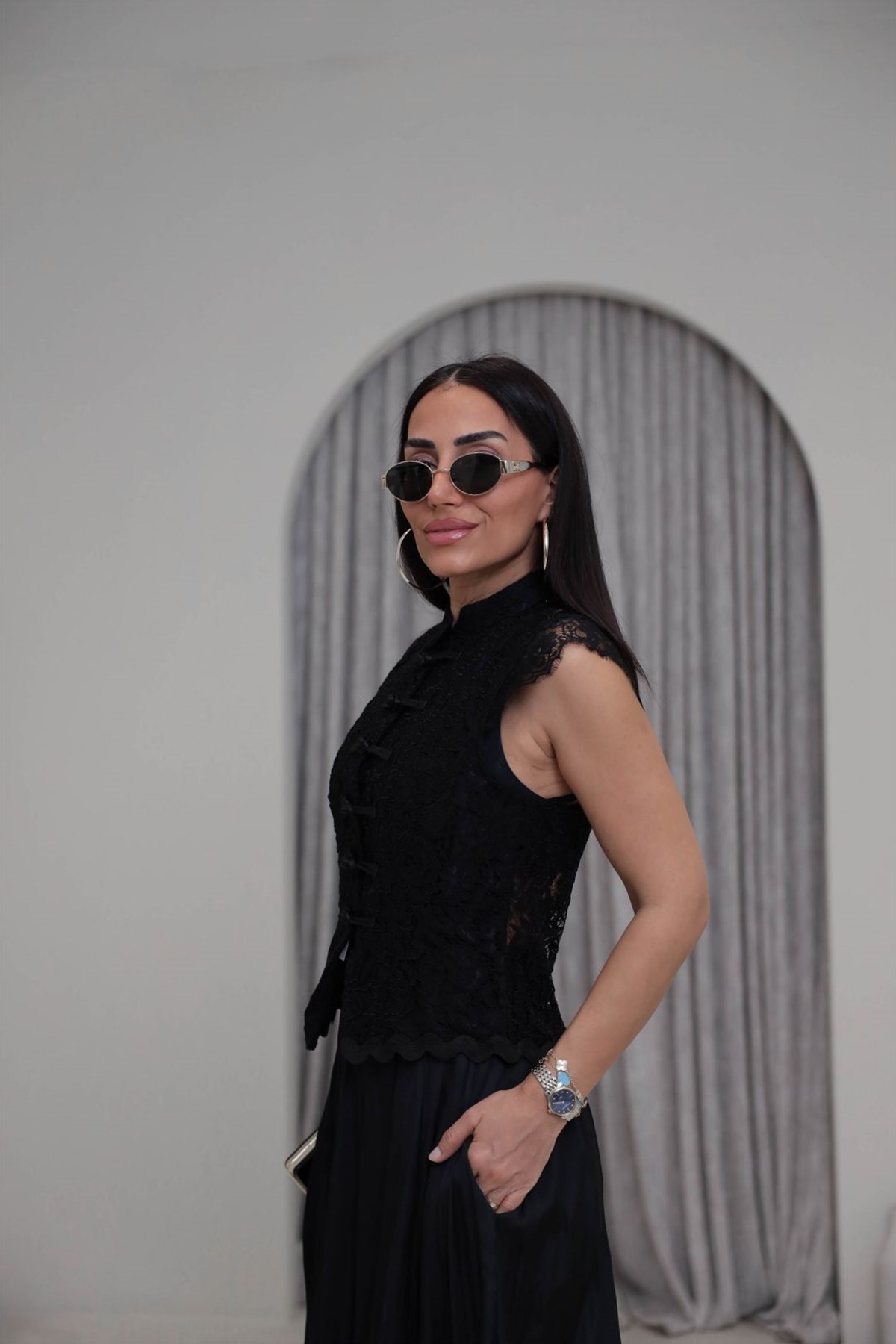 7139 Güpür Detaylı Hakim Yaka Yelek SİYAH