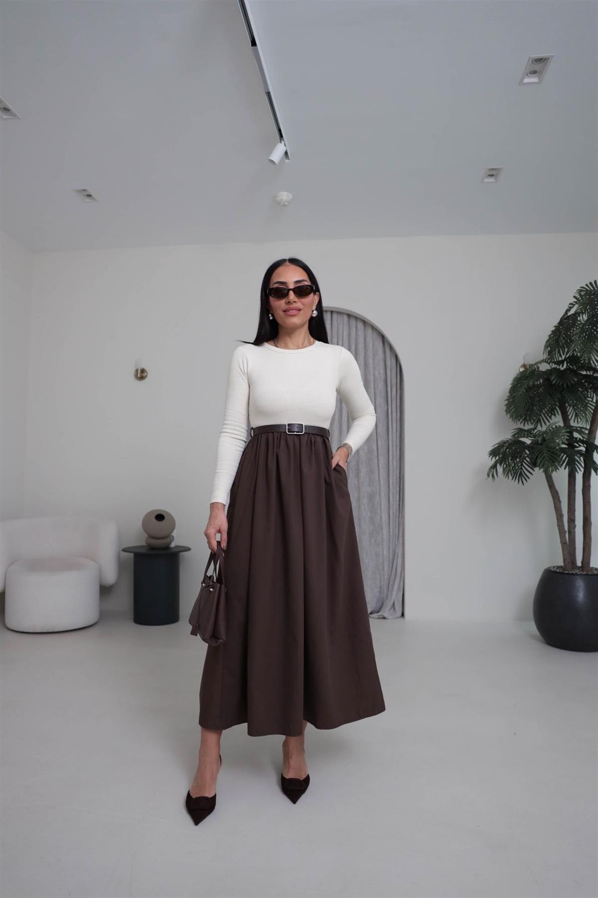 2018 Kemerli Kaşkorse Uzun Kol Elbise KREM