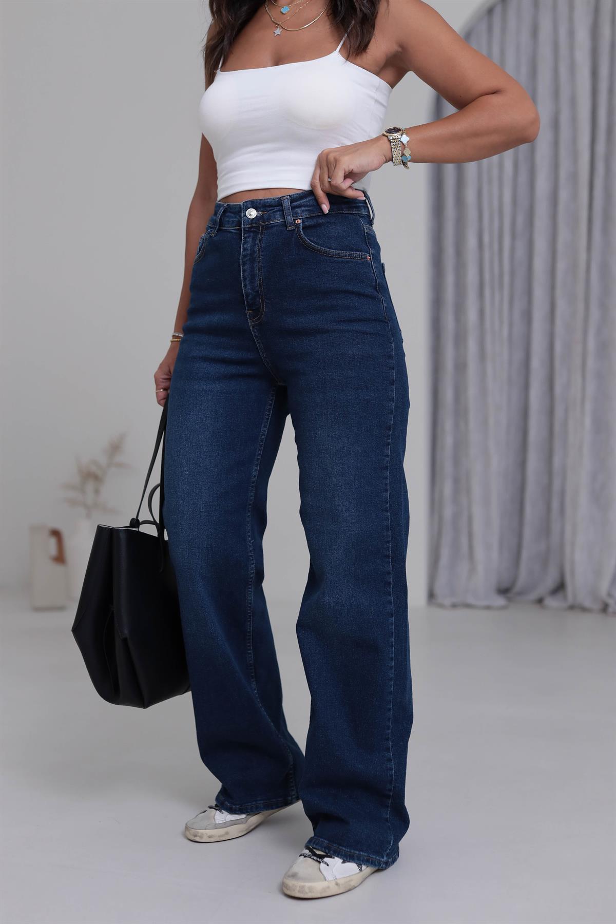 1071 Yüksek Bel Dökümlü Palazzo Jean KOYU MAVİ