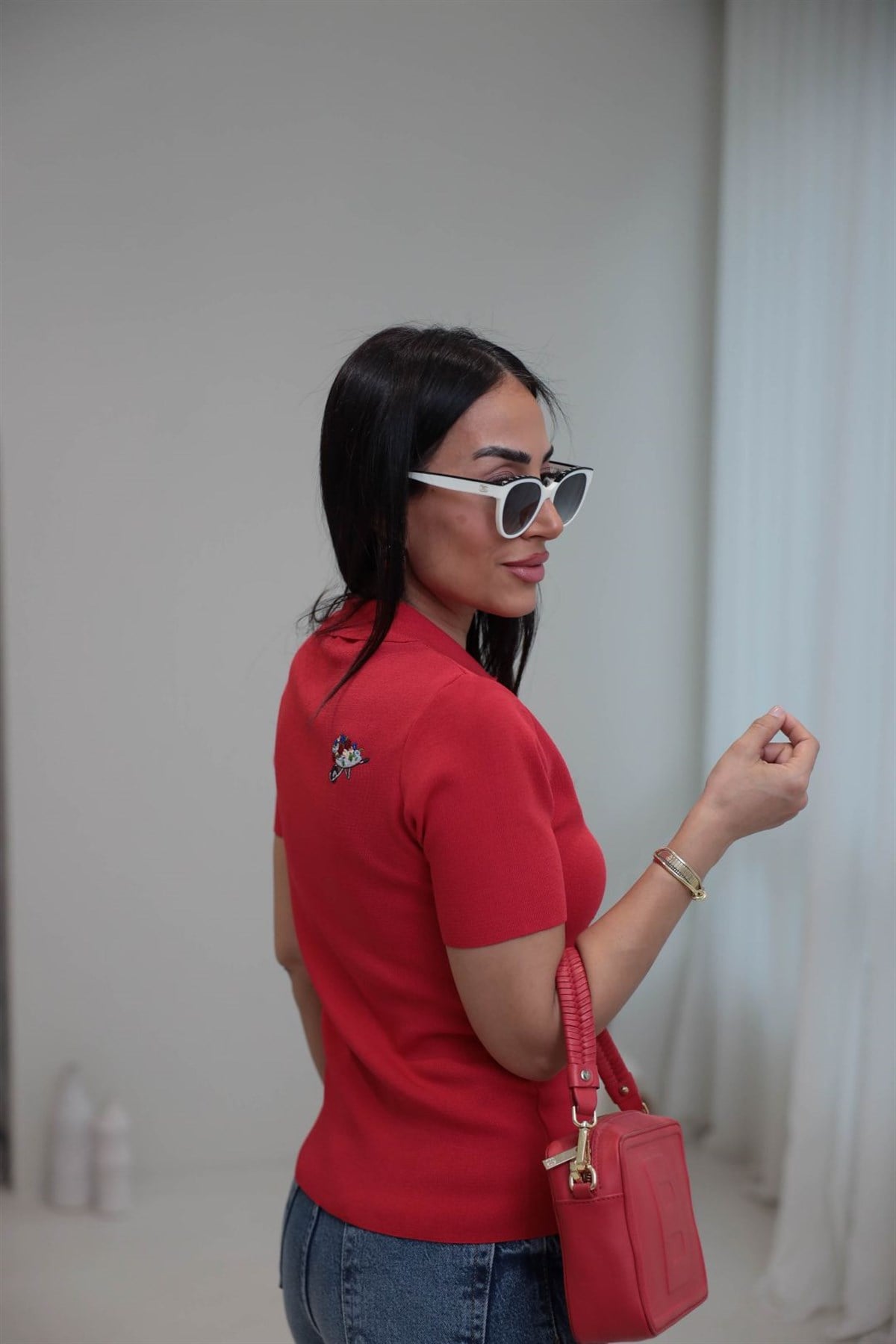 0615 Çiçek Nakış Detay Polo Yaka Kısa Kol Triko NAR ÇİÇEĞİ