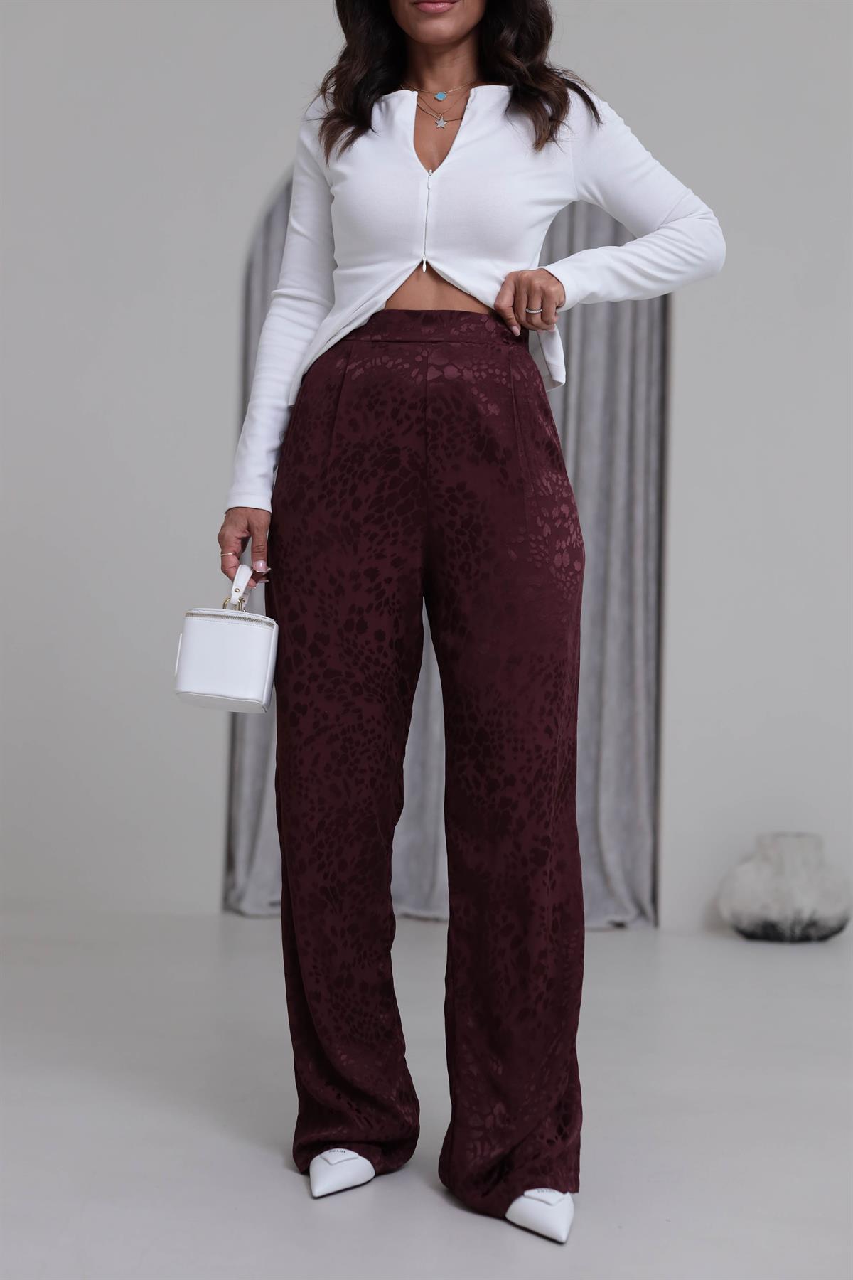 0338 Leopar Desen Saten Pantolon BORDO