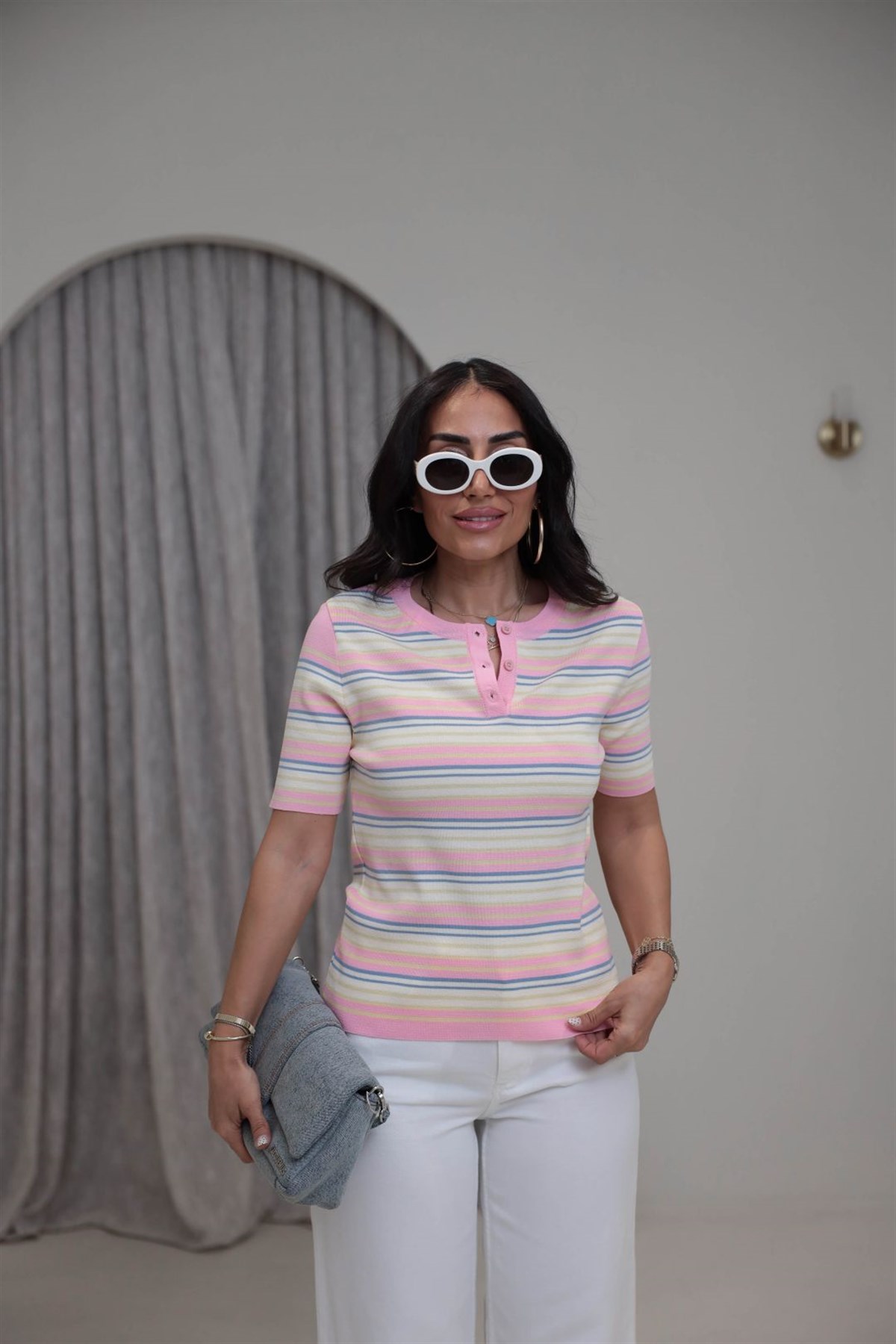 0642 Rayon Kumaş Çizgili Önden Düğmeli Bluz PEMBE