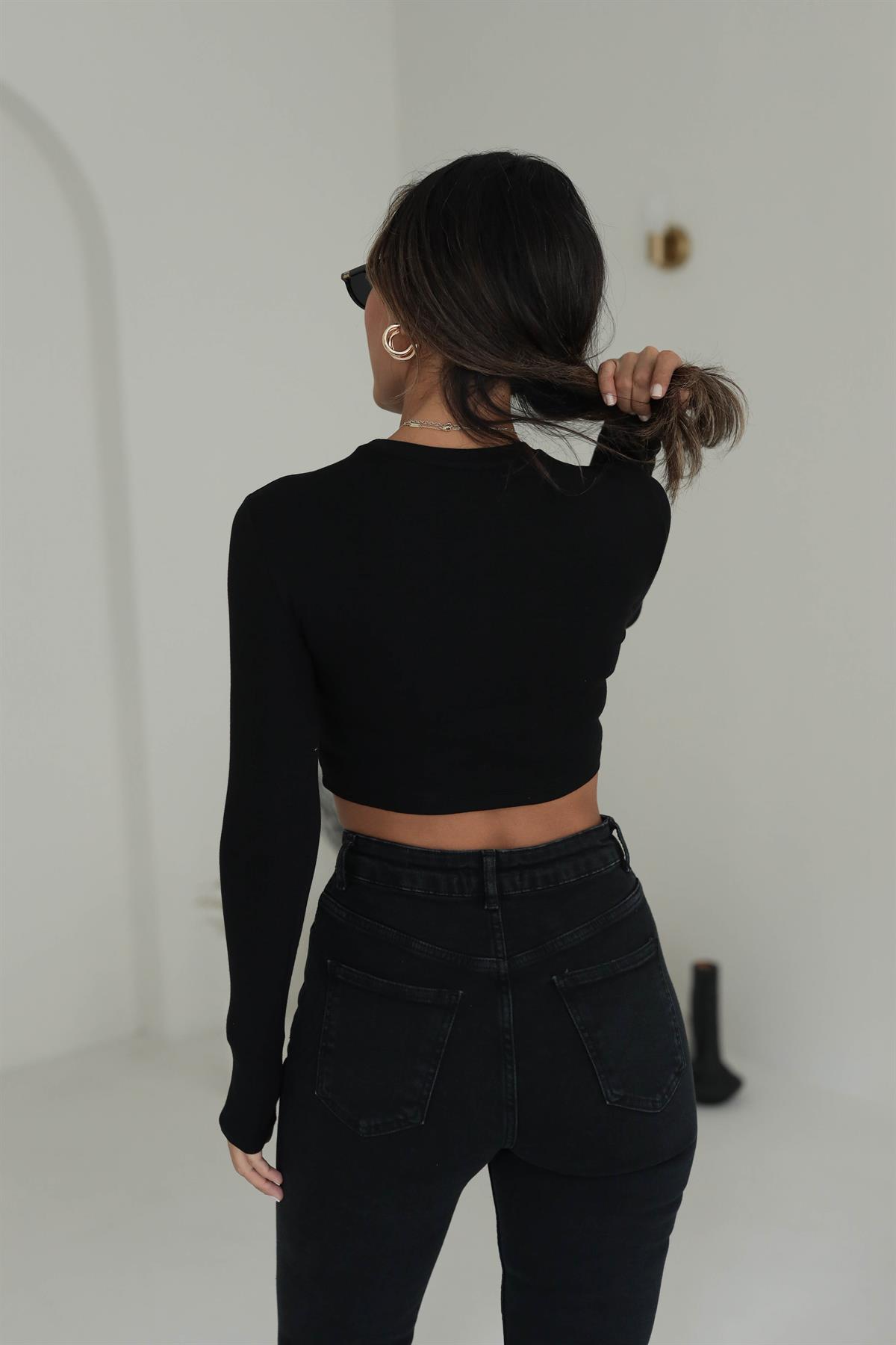 1236 Yumuşak Doku Uzun Kollu Bluz SİYAH