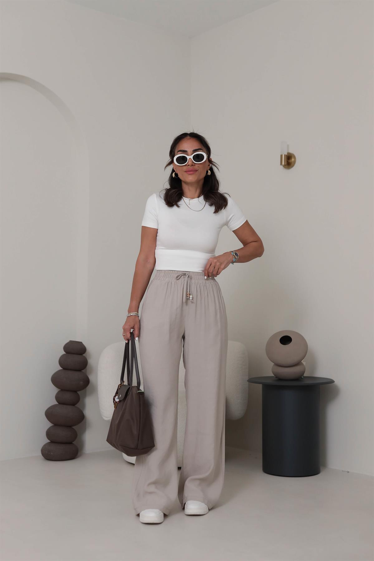 0253 Bel Lastikli Tencel Rahat Pantolon TAŞ