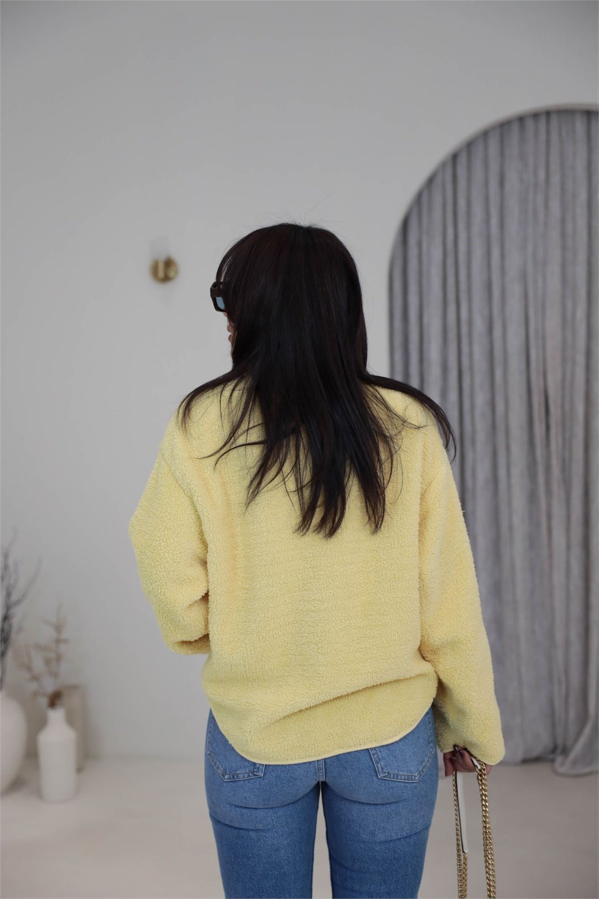 3236 Dik Yaka Önden Fermuarlı Peluş Mont SARI