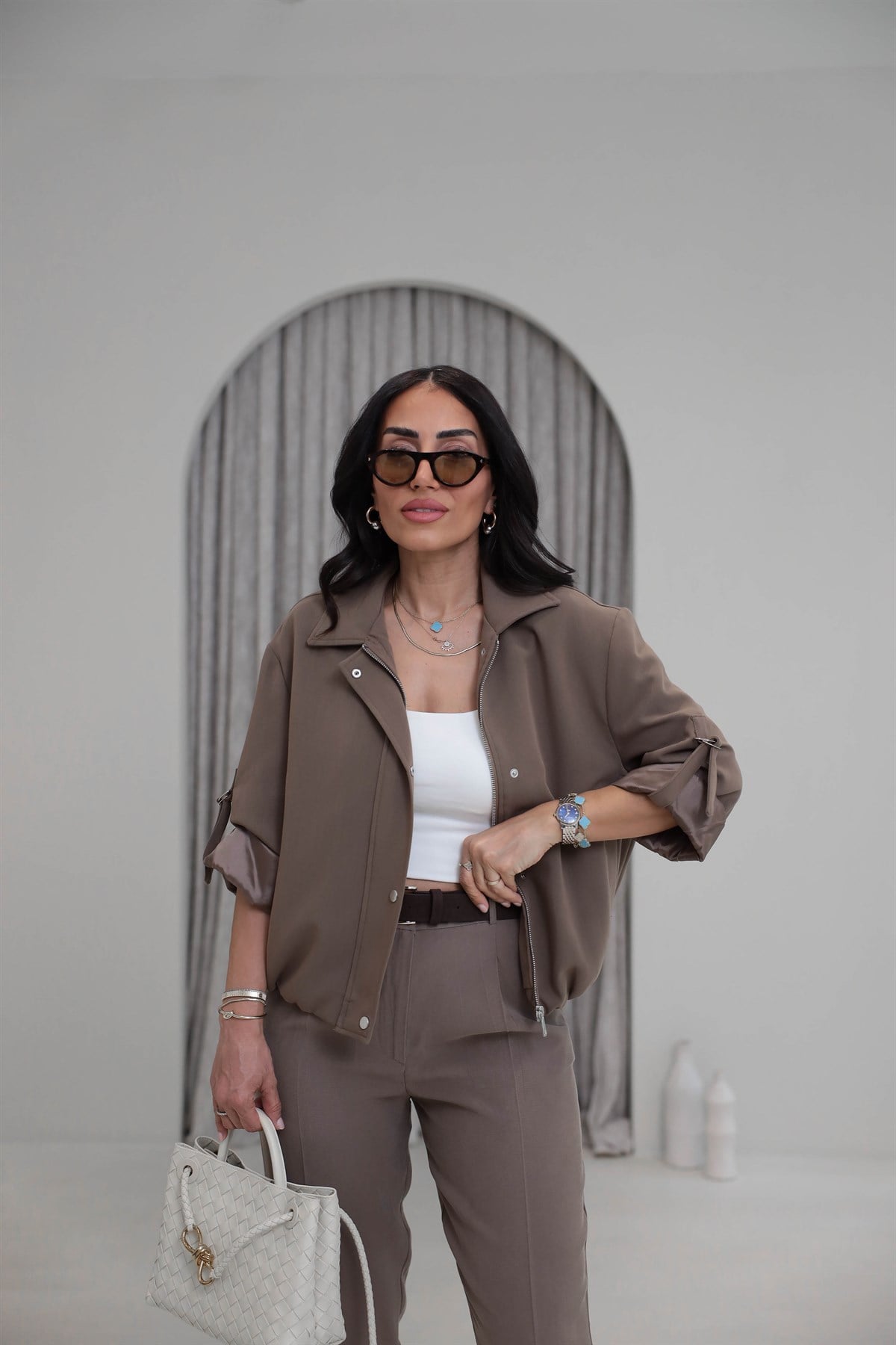 6341 Kolu Katlamalı Fermuarlı Çıtçıtlı Ceket KAHVE