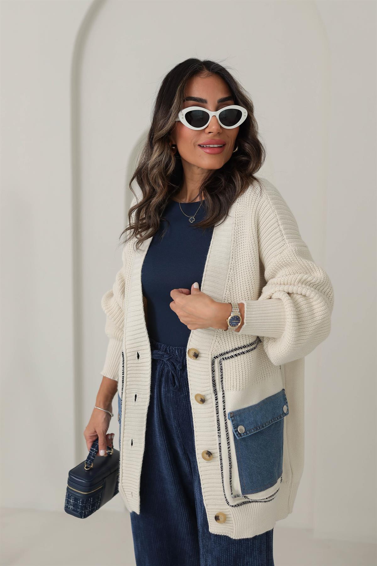 0012 Tasarım Biyeli Kot Cepli Hırka